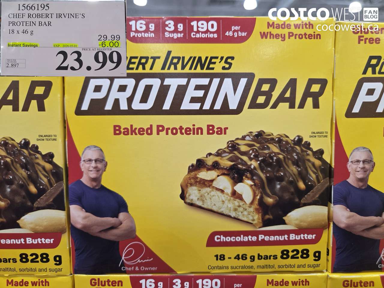 1566195 CHEF ROBERT IRVINE'S PROTEIN BAR, 18 x 46 g ($6.00 INSTANT SAVINGS EXPIRES ON 2026-03-01) $23.99