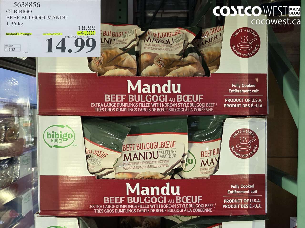 5638856 CJ BIBIGO BEEF BULGOGI MANDU 1.36 kg ($4.00 INSTANT SAVINGS EXPIRES ON 2026-03-01) $14.99