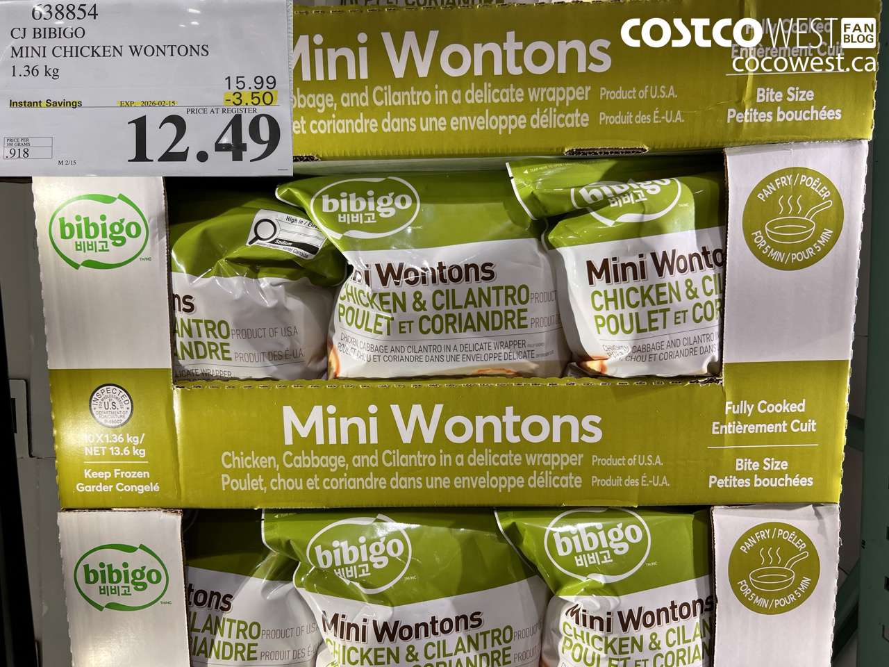 638854 CJ BIBIGO MINI CHICKEN WONTONS 1.36KG ($3.50 INSTANT SAVINGS EXPIRES ON 2026-02-15) $12.49