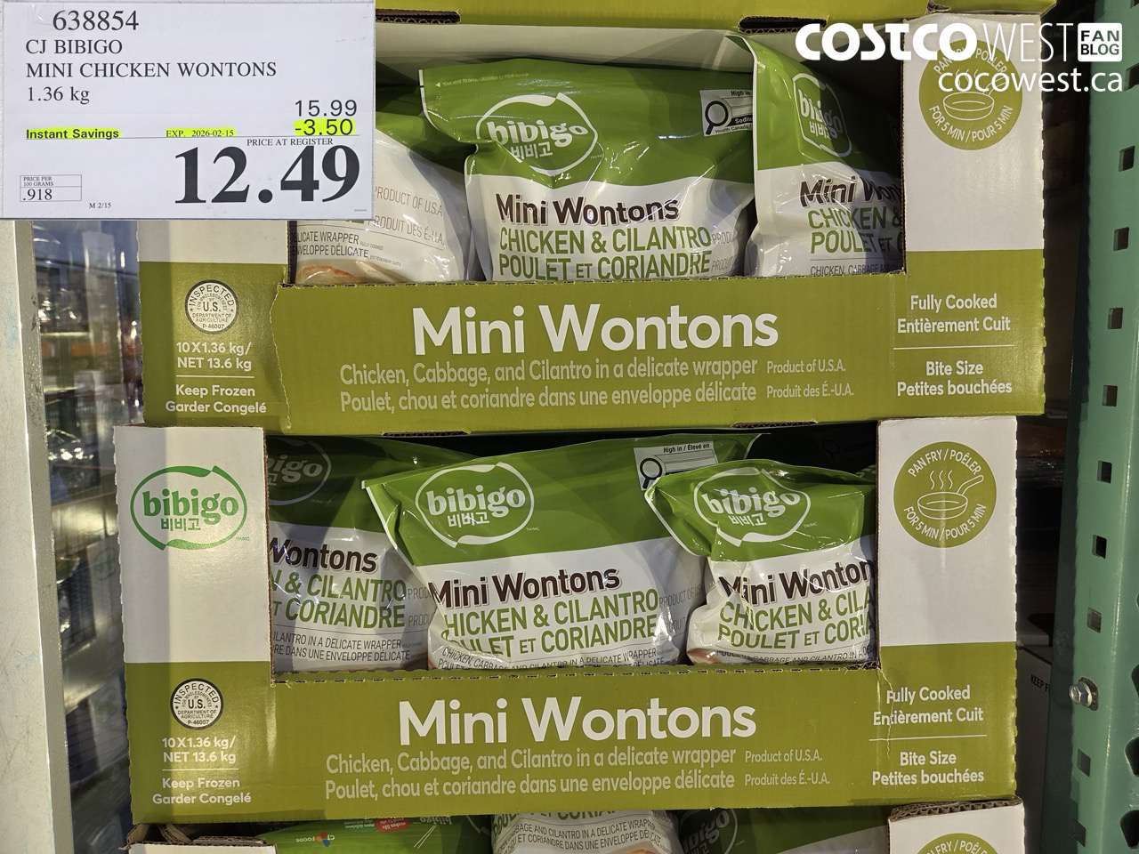 638854 CJ BIBIGO MINI CHICKEN WONTONS 1.36 KG ($3.50 INSTANT SAVINGS EXPIRES ON 2026-02-15) $12.49