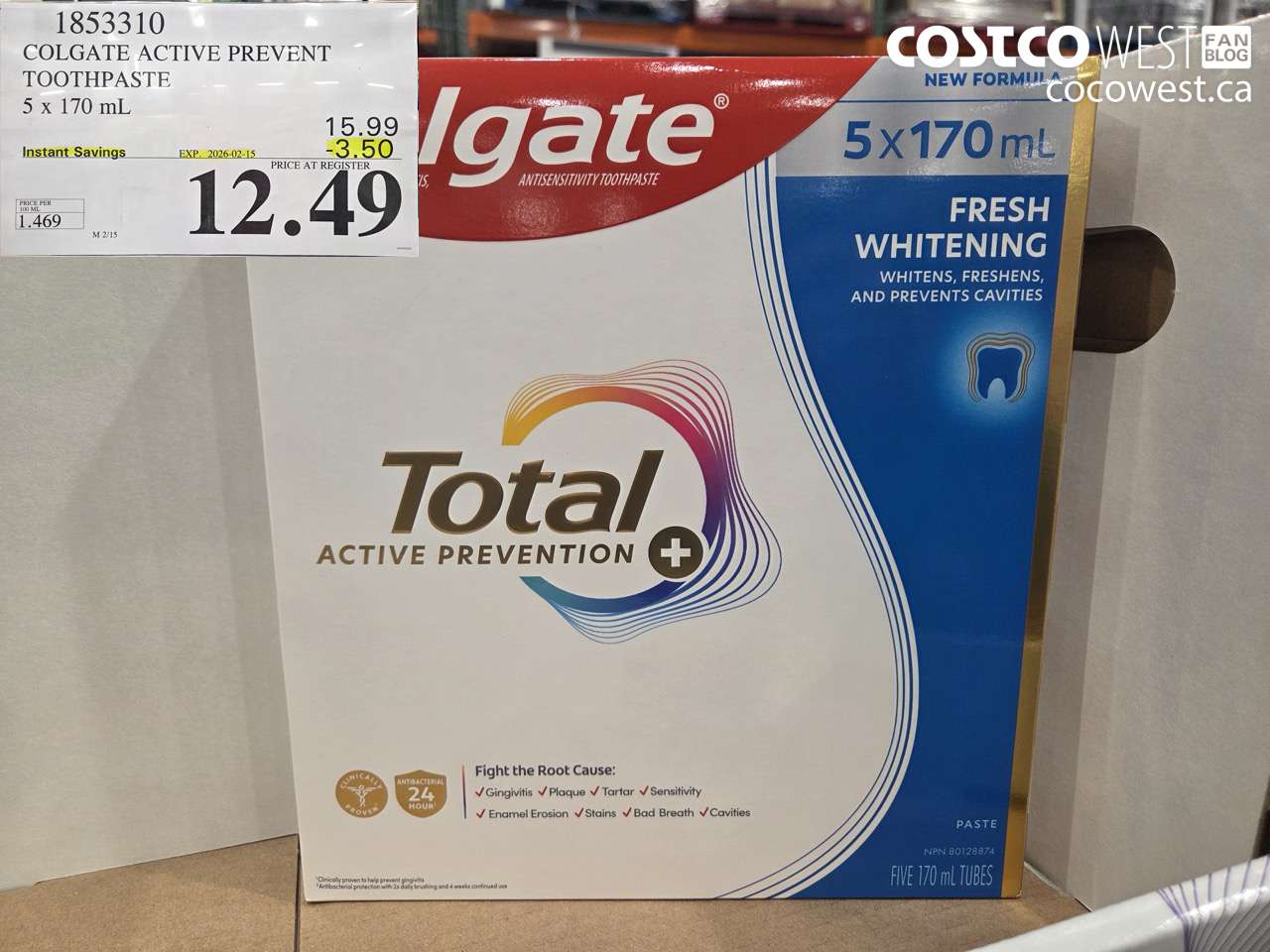 1853310 COLGATE ACTIVE PREVENT TOOTHPASTE 5 X 170ML ($3.50 INSTANT SAVINGS EXPIRES ON 2026-02-15) $12.49