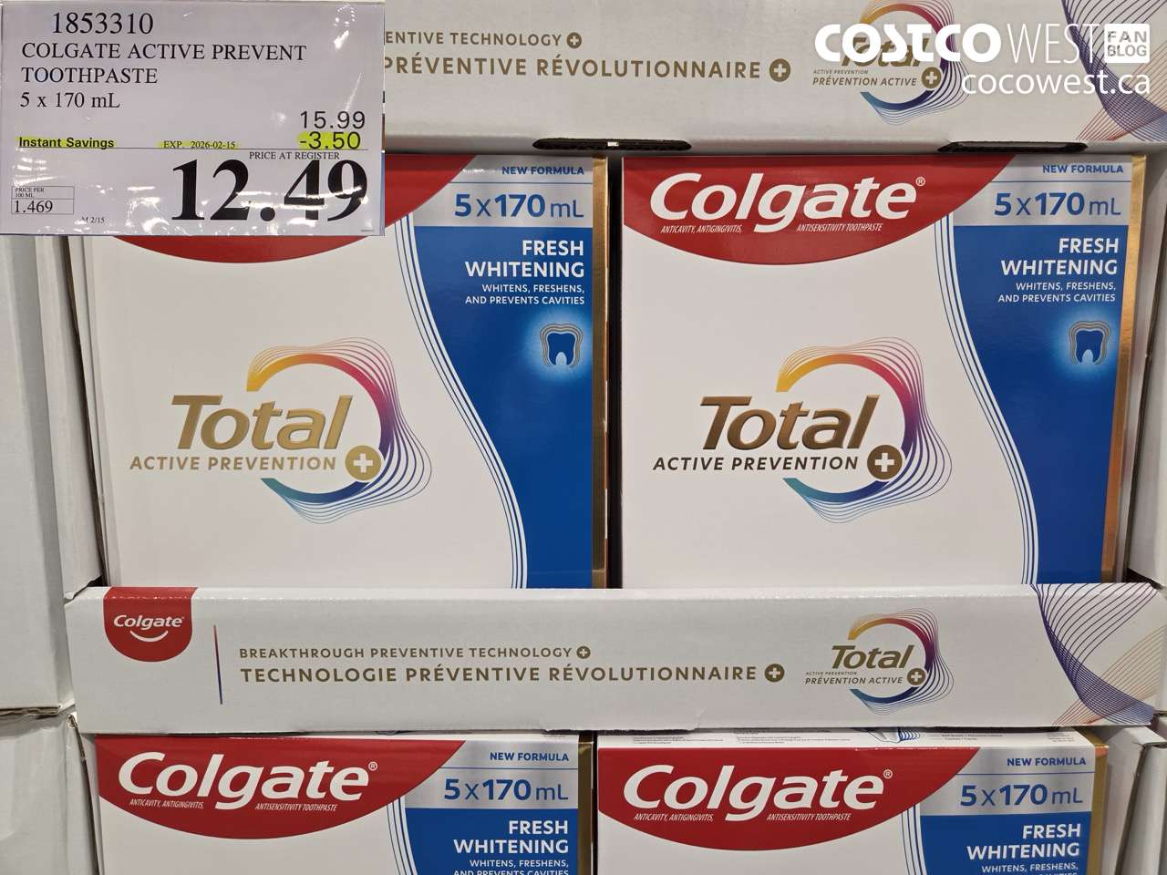 1853310 COLGATE ACTIVE PREVENT TOOTHPASTE 5 x 170 mL ($3.50 INSTANT SAVINGS EXPIRES ON 2026-02-15) $12.49