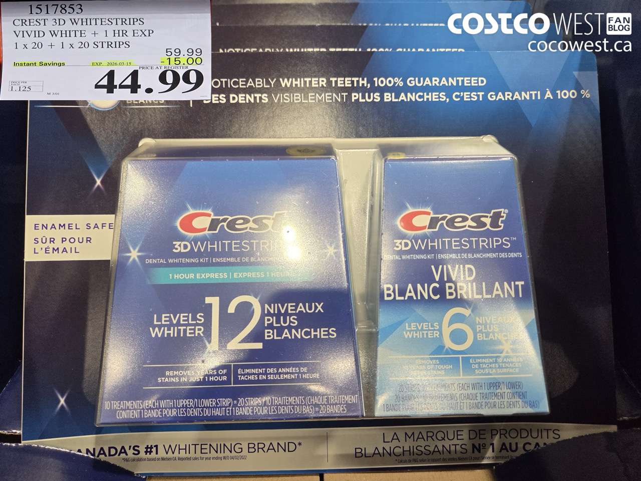1517853 CREST 3D WHITESTRIPS VIVID WHITE + 1 HR EXP 1 X 20 + 1 X 20 STRIPS ($15.00 INSTANT SAVINGS EXPIRES ON 2026-03-15) $44.99
