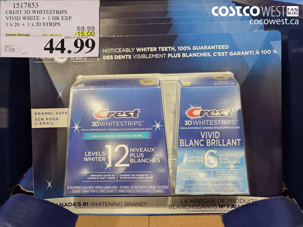 1517853 CREST 3D WHITESTRIPS VIVID WHITE + 1 HR EXP 1 X 20 + 1 X 20 STRIPS ($15.00 INSTANT SAVINGS EXPIRES ON 2026-03-15) $44.99