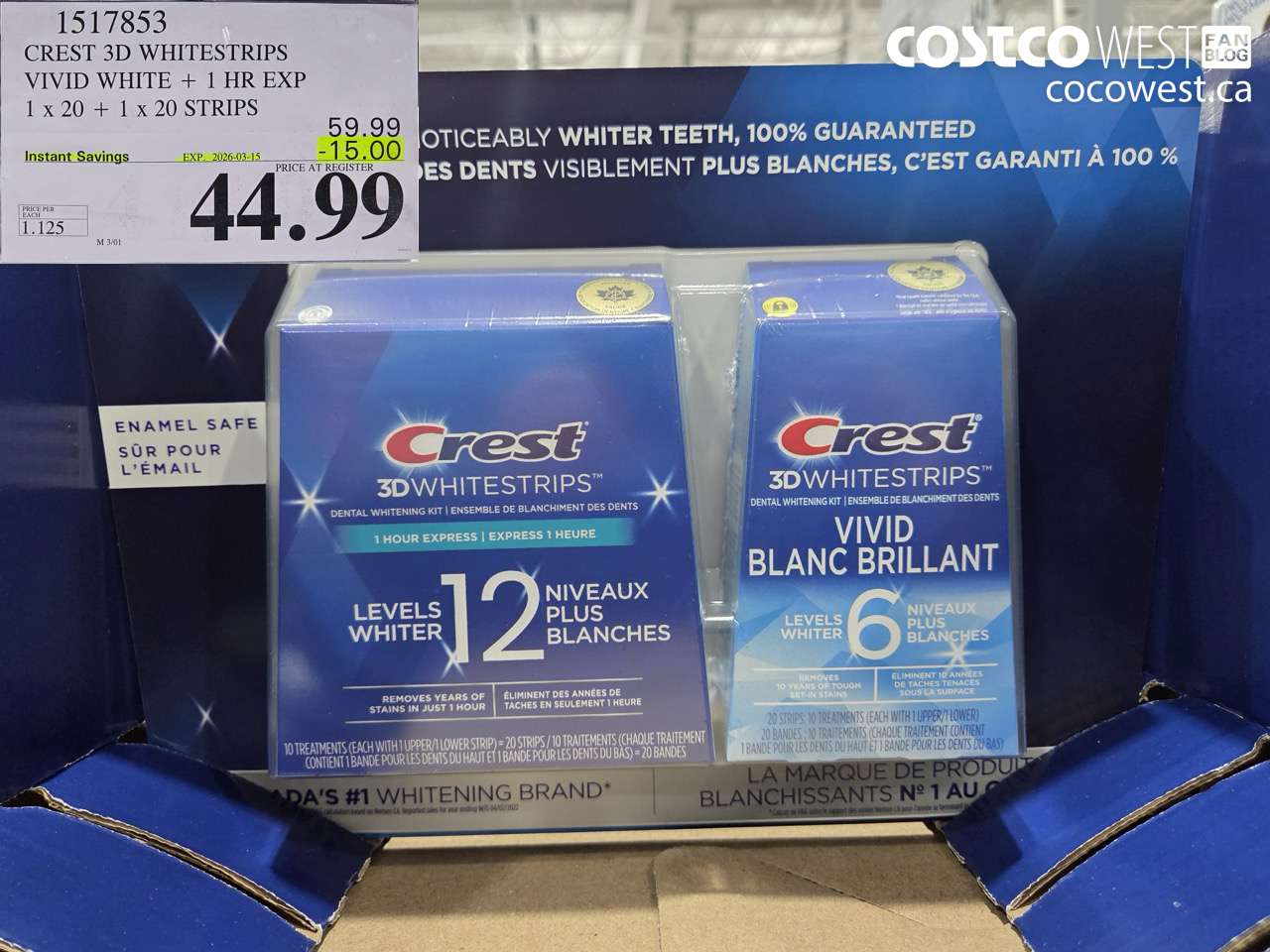 1517853 CREST 3D WHITESTRIPS VIVID WHITE + 1 HR EXP 1 x 20 + 1 x 20 STRIPS ($15.00 INSTANT SAVINGS EXPIRES ON 2026-03-15) $44.99