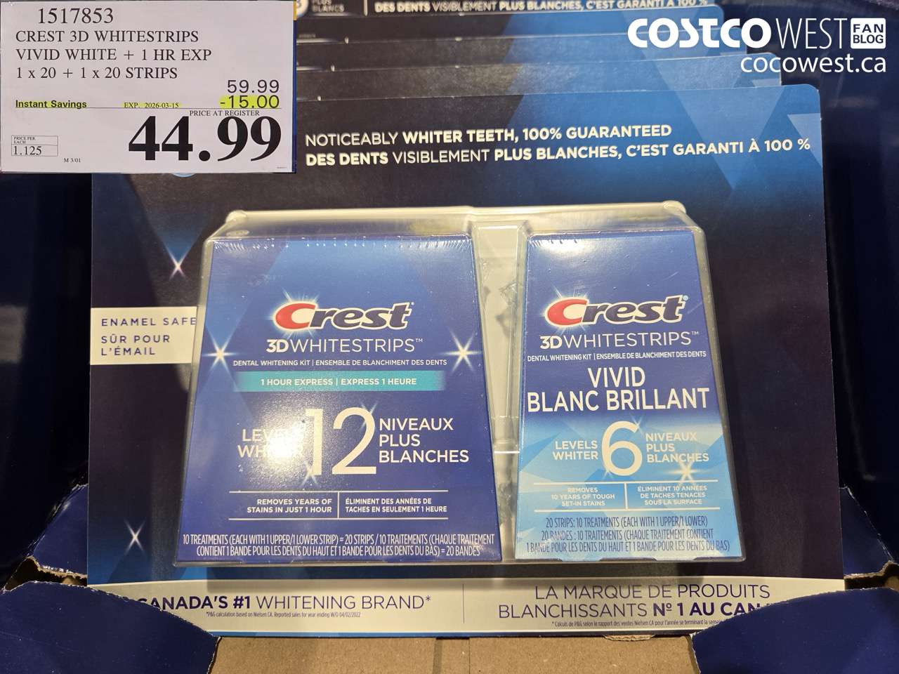 1517853 CREST 3D WHITESTRIPS VIVID WHITE + 1 HR EXP 1 x 20 + 1 x 20 STRIPS ($15.00 INSTANT SAVINGS EXPIRES ON 2026-03-15) $44.99
