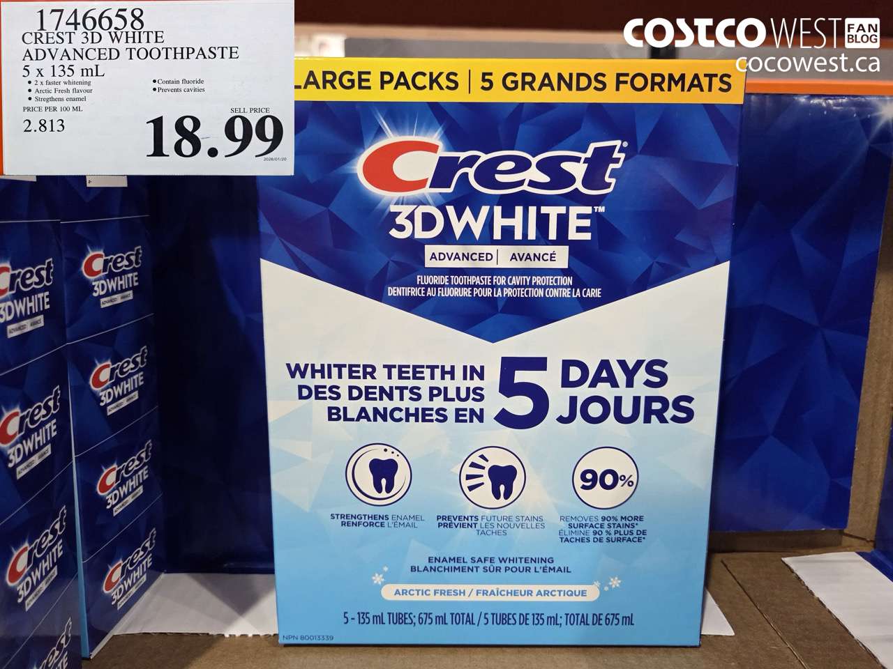 1746658 CREST 3D WHITE ADVANCED TOOTHPASTE 5 x 135 mL $18.99
