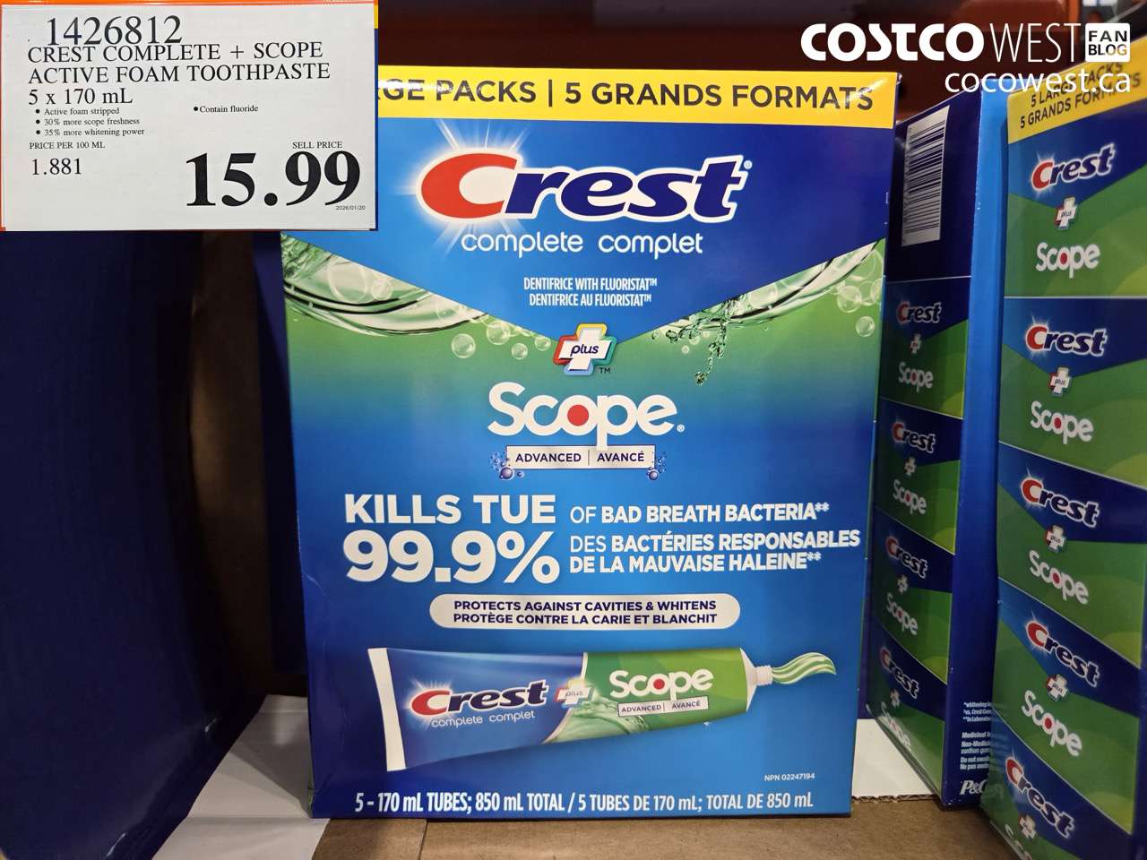 14268112 CREST COMPLETE + SCOPE ACTIVE FOAM TOOTHPASTE 5 x 170 mL $15.99