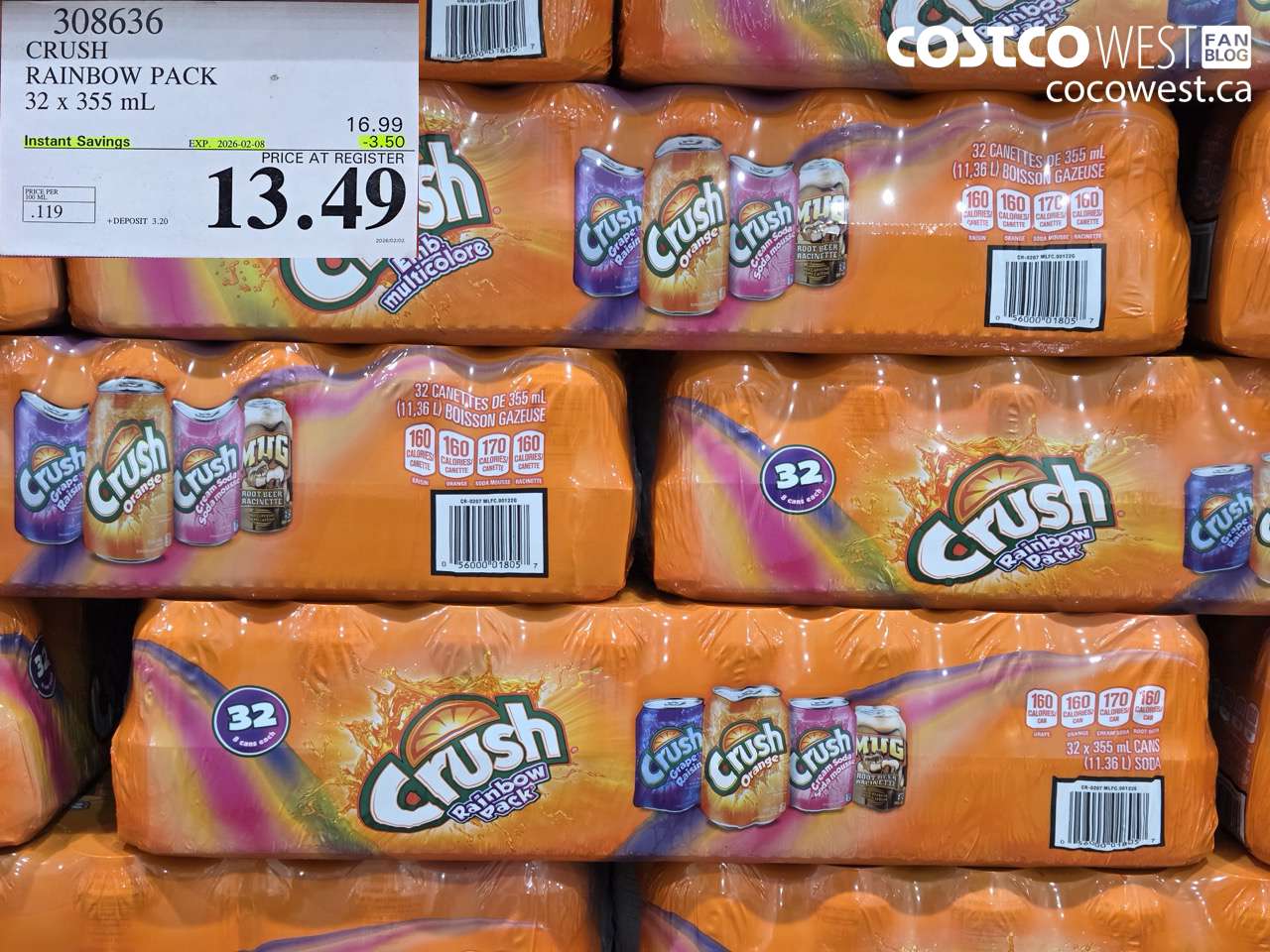 308636 CRUSH RAINBOW PACK 32 x 355 mL ($3.50 INSTANT SAVINGS EXPIRES ON 2026-02-08) $13.49
