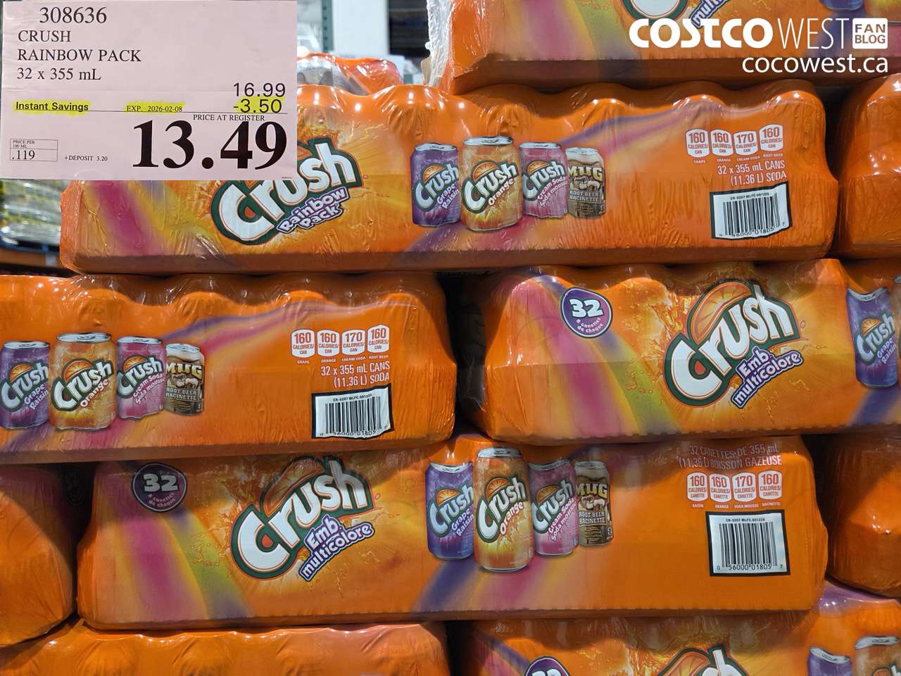 308636 CRUSH RAINBOW PACK 32 x 355 mL ($3.50 INSTANT SAVINGS EXPIRES ON 2026-02-08) $13.49
