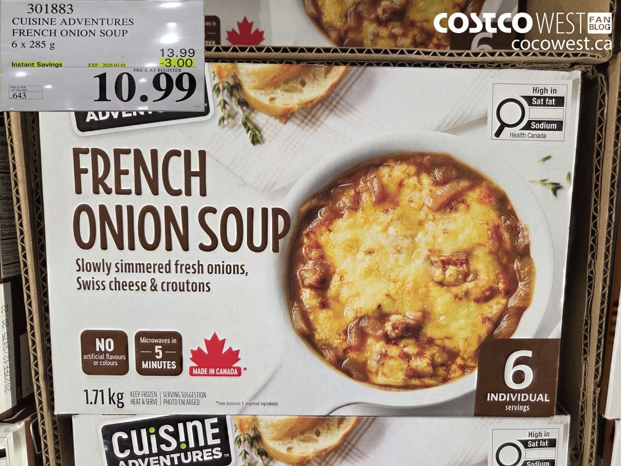 301883 CUISINE ADVENTURES FRENCH ONION SOUP 6 X 285G ($3.00 INSTANT SAVINGS EXPIRES ON 2026-03-01) $10.99