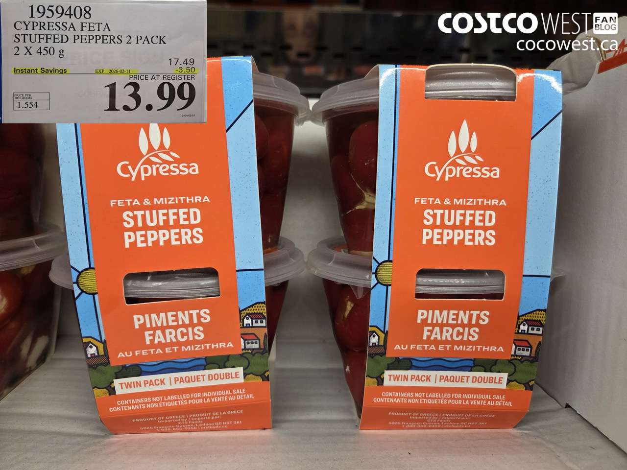 1959408 CYPRESSA FETA STUFFED PEPPERS 2 PACK 2 X 450 g ($3.50 INSTANT SAVINGS EXPIRES ON 2026-02-11) $13.99