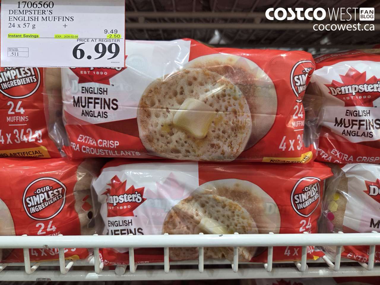 1706560 DEMPSTER'S ENGLISH MUFFINS 24 Pack ($2.50 INSTANT SAVINGS EXPIRES ON 2026-02-04) $6.99