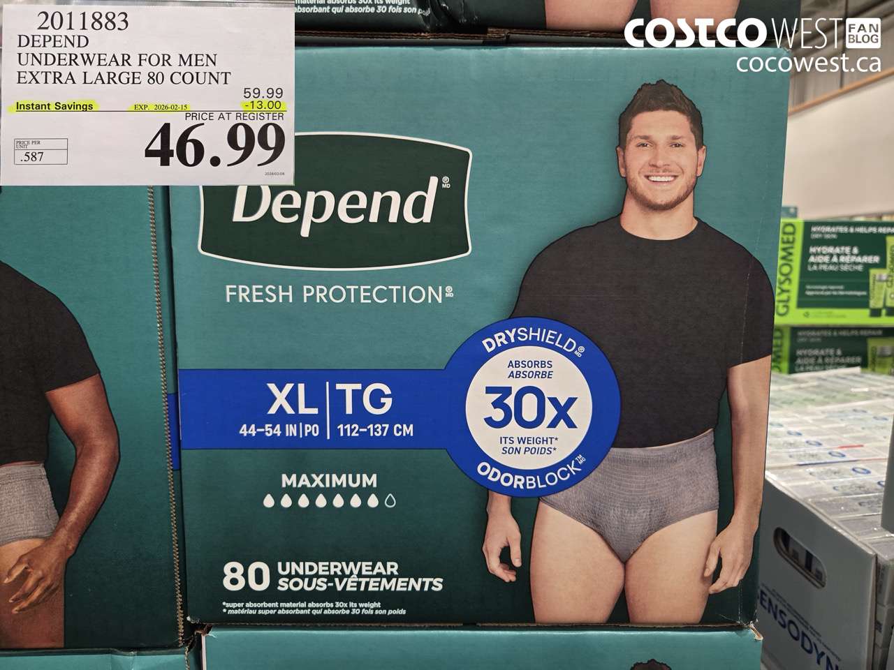 2011883 DEPEND UNDERWEAR FOR MEN EXTRA LARGE 80 COUNT ($13.00 INSTANT SAVINGS EXPIRES ON 2026-02-15) $46.99