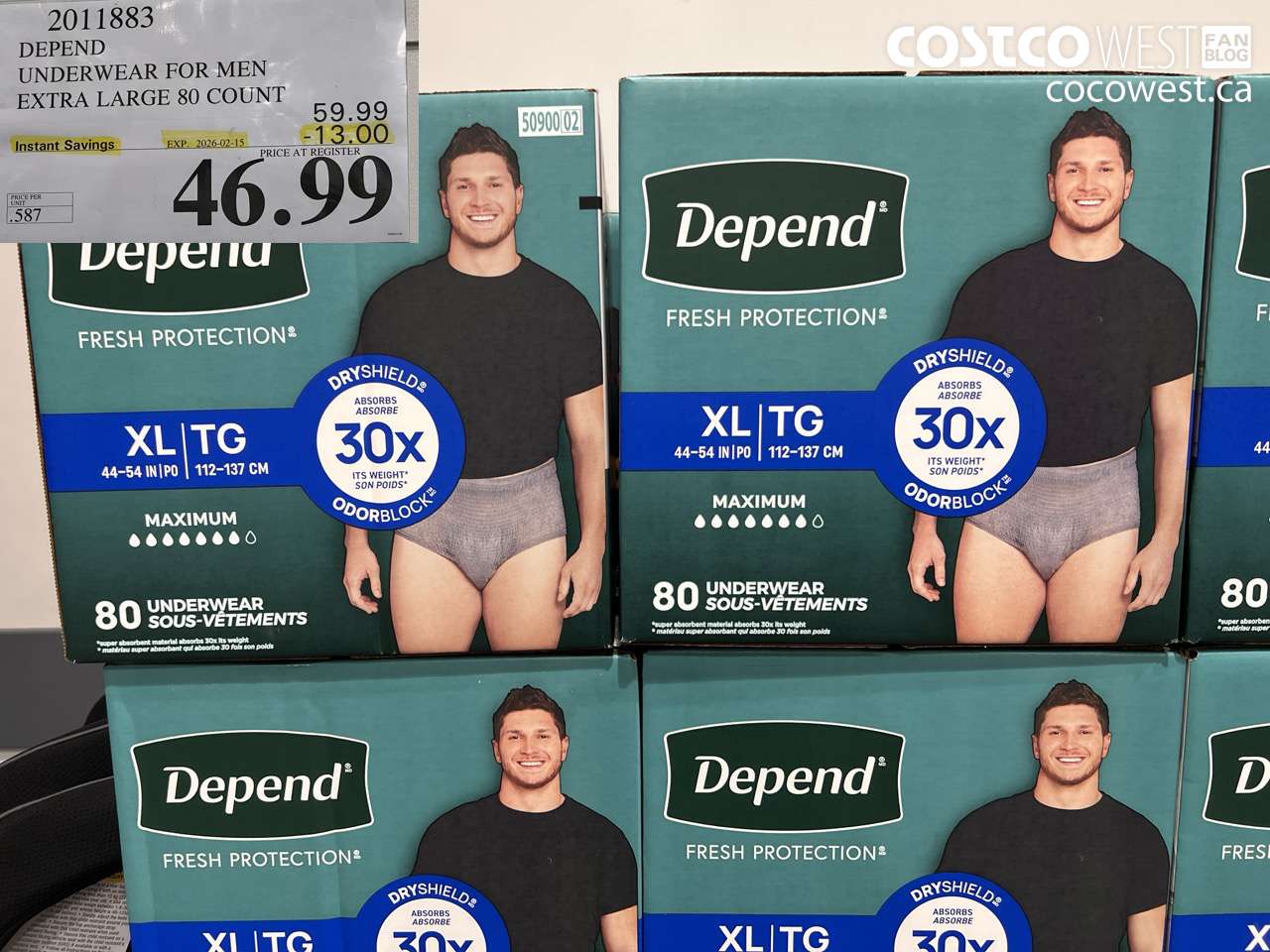 2011883 DEPEND UNDERWEAR FOR MEN EXTRA LARGE 80 COUNT ($13.00 INSTANT SAVINGS EXPIRES ON 2026-02-15) $46.99