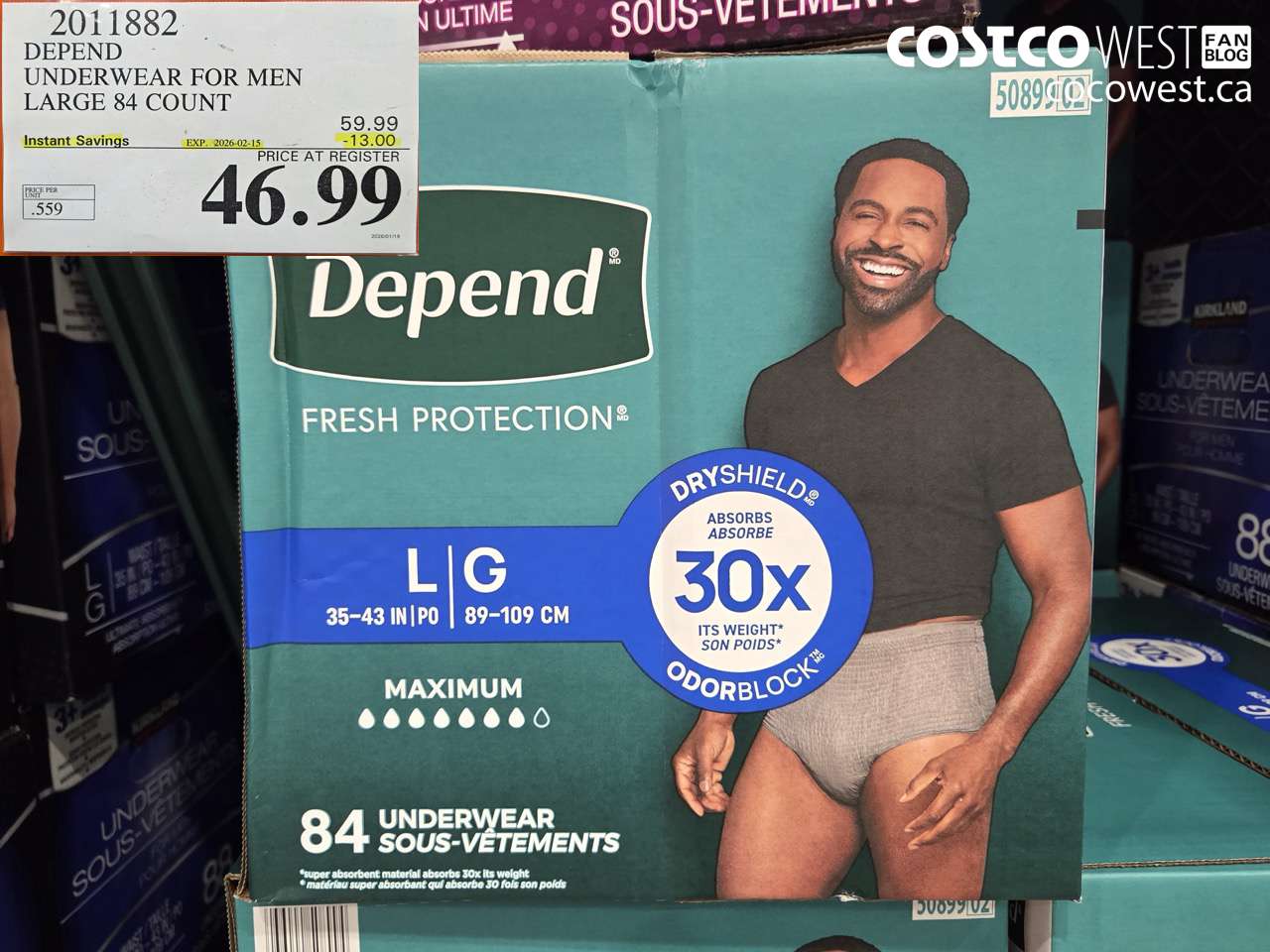 2011882 DEPEND UNDERWEAR FOR MEN LARGE 84 COUNT ($13.00 INSTANT SAVINGS EXPIRES ON 2026-02-15) $46.99