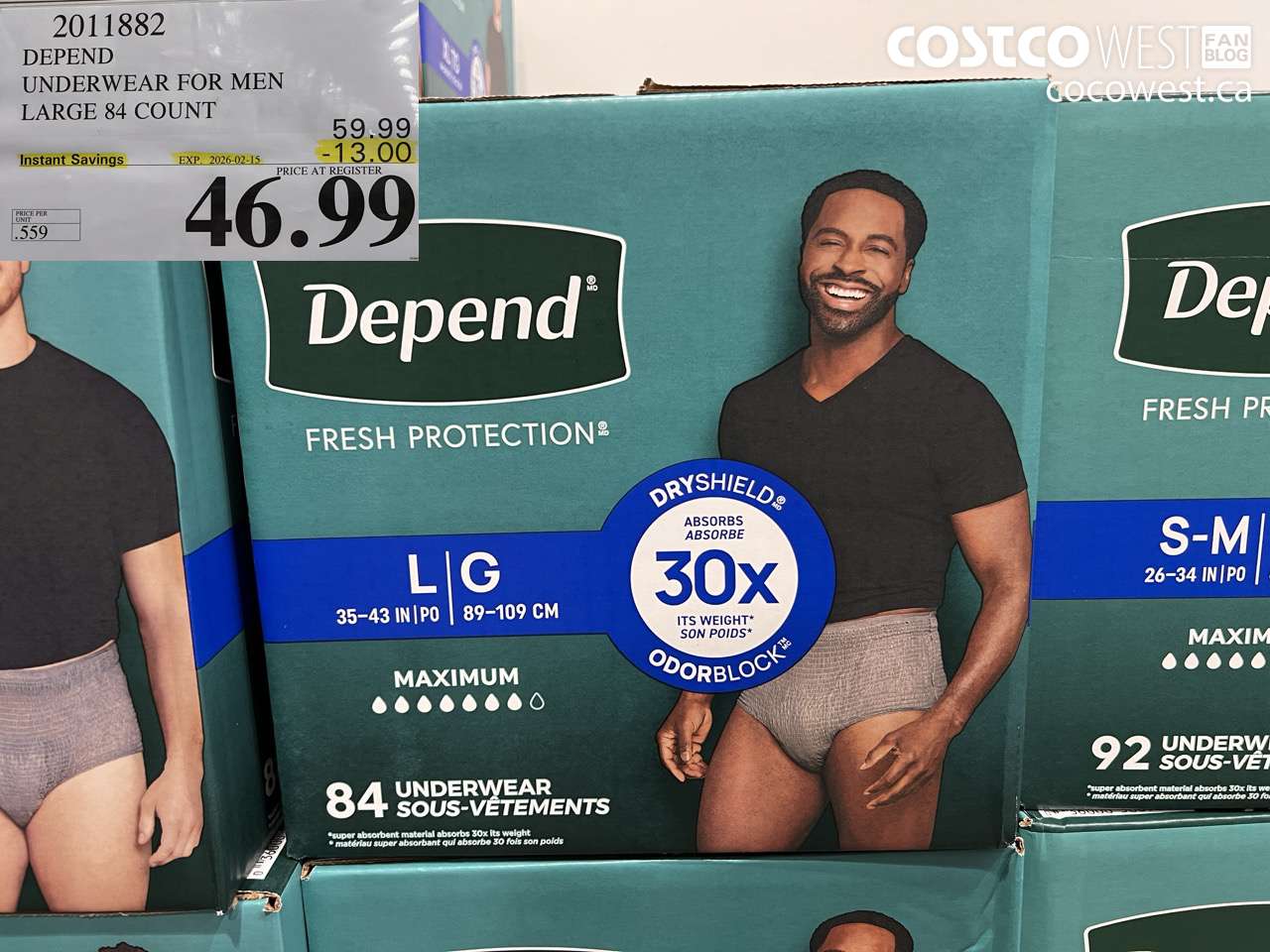 2011882 DEPEND UNDERWEAR FOR MEN LARGE 84 COUNT ($13.00 INSTANT SAVINGS EXPIRES ON 2026-02-15) $46.99