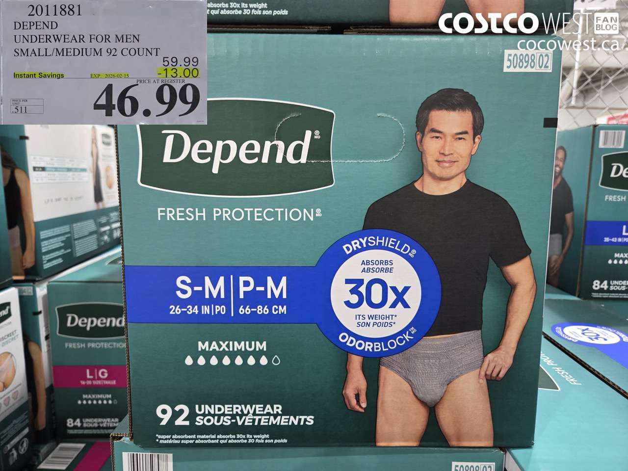 2011881 DEPEND UNDERWEAR FOR MEN SMALL/MEDIUM 92 COUNT ($13.00 INSTANT SAVINGS EXPIRES ON 2026-02-15) $46.99