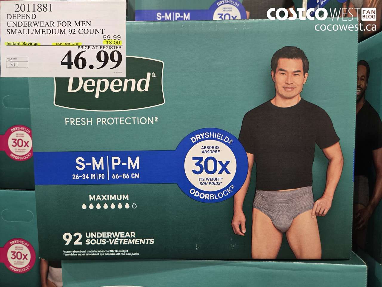 2011881 DEPEND UNDERWEAR FOR MEN SMALL/MEDIUM 92 COUNT ($13.00 INSTANT SAVINGS EXPIRES ON 2026-02-15) $46.99