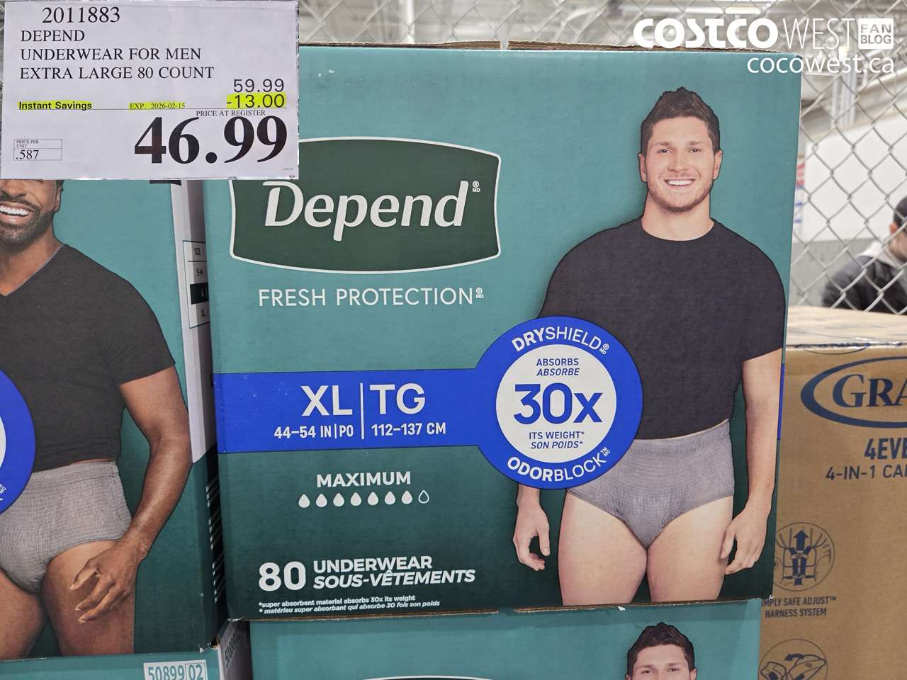 2011883 DEPEND UNDERWEAR FOR MEN X-LARGE 80 COUNT ($13.00 INSTANT SAVINGS EXPIRES ON 2026-02-15) $46.99
