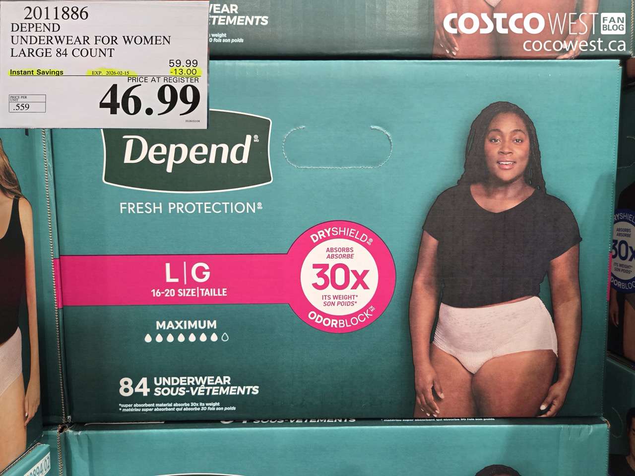 2011886 DEPEND UNDERWEAR FOR WOMEN LARGE 84 COUNT ($13.00 INSTANT SAVINGS EXPIRES ON 2026-02-15) $46.99