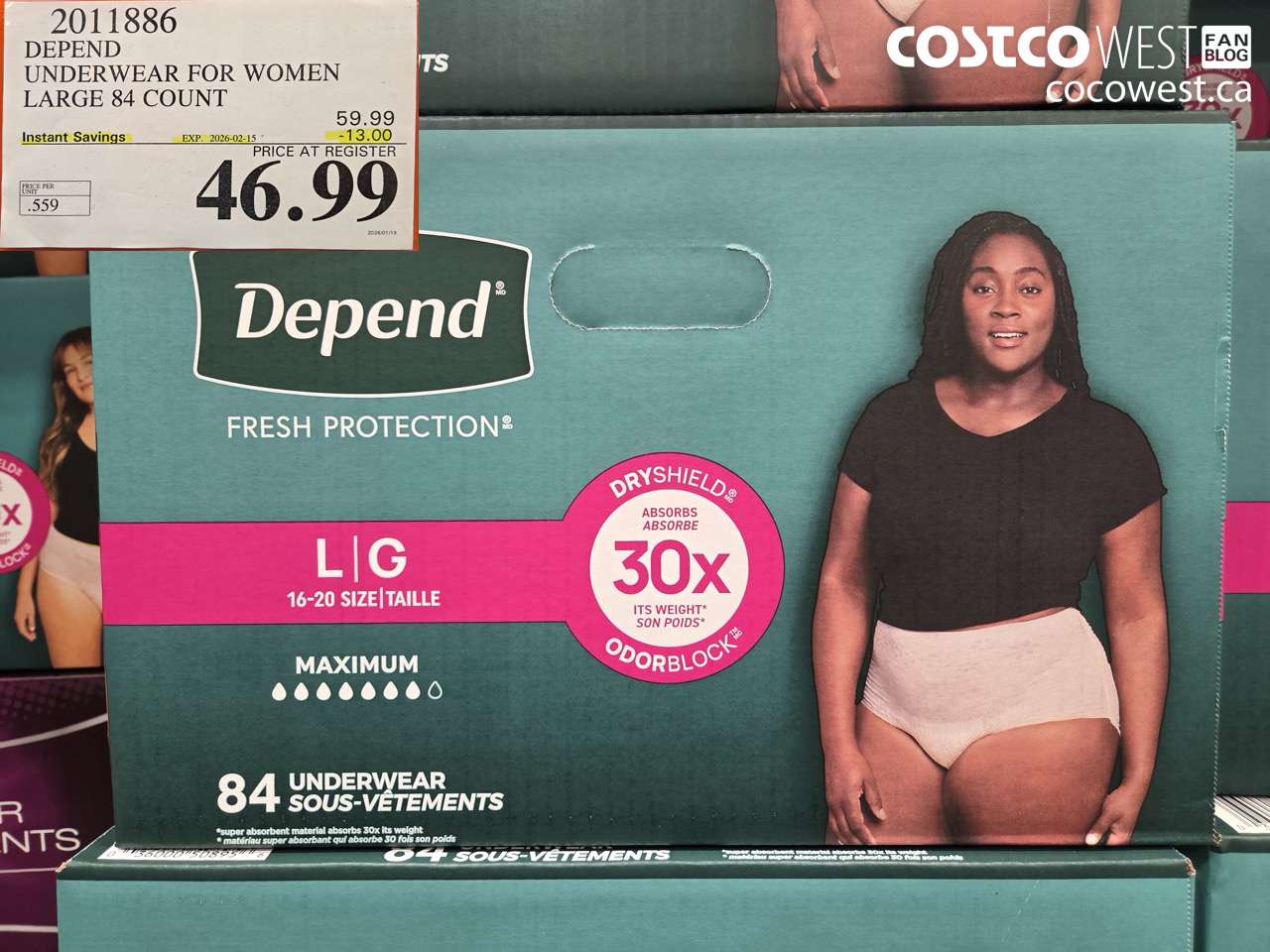 2011886 DEPEND UNDERWEAR FOR WOMEN LARGE 84 COUNT ($13.00 INSTANT SAVINGS EXPIRES ON 2026-02-15) $46.99