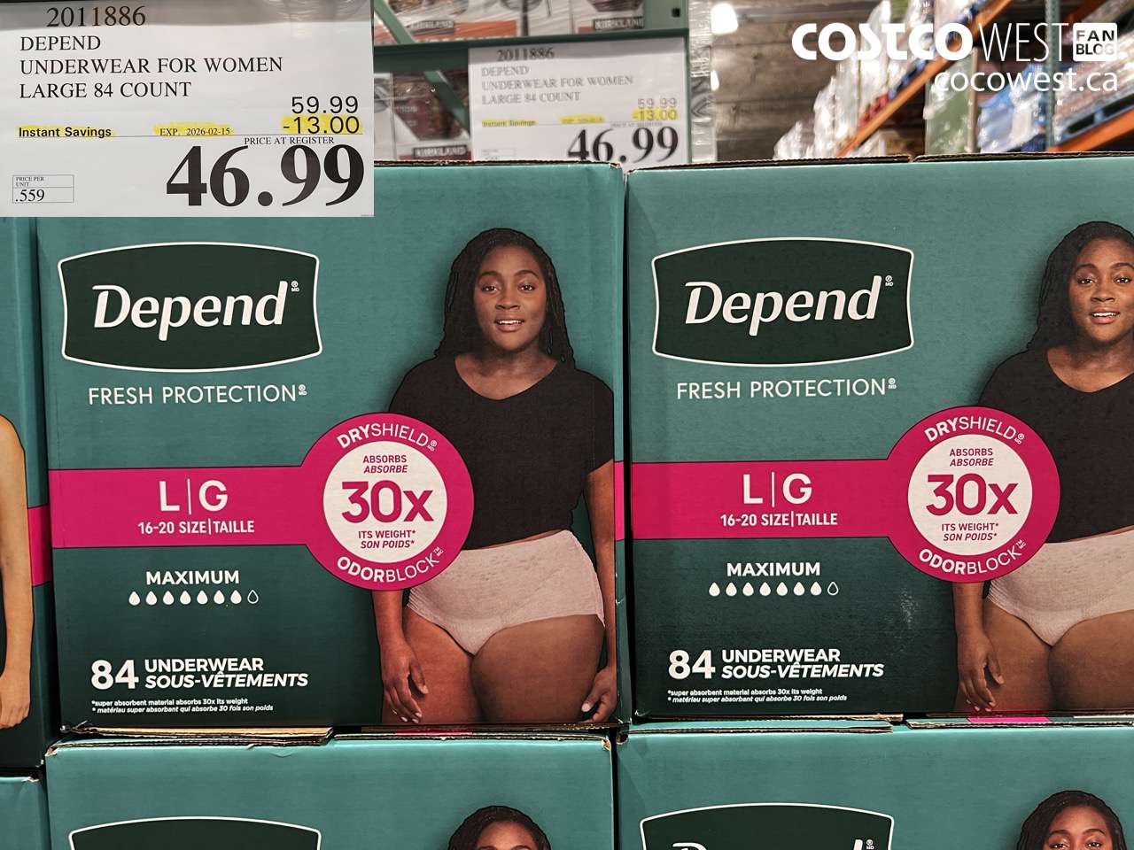 20111886 DEPEND UNDERWEAR FOR WOMEN LARGE 84 COUNT ($13.00 INSTANT SAVINGS EXPIRES ON 2026-02-15) $46.99