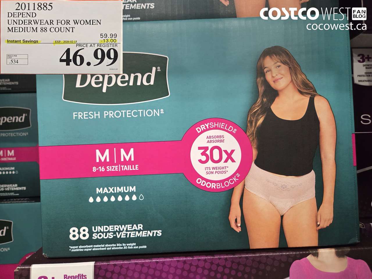 2011885 DEPEND UNDERWEAR FOR WOMEN MEDIUM 88 COUNT ($13.00 INSTANT SAVINGS EXPIRES ON 2026-02-15) $46.99