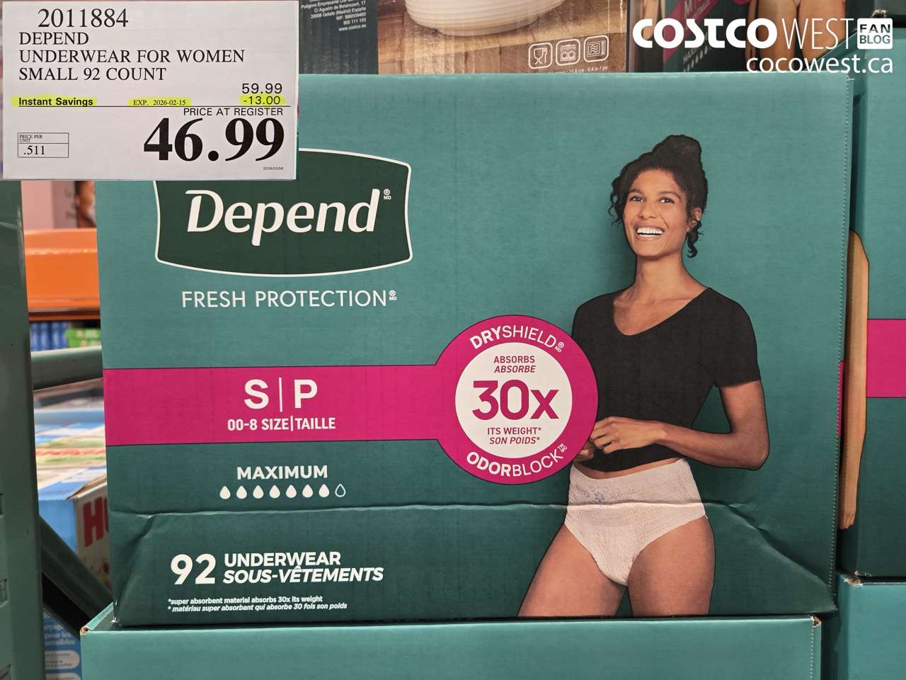 2011884 DEPEND UNDERWEAR FOR WOMEN SMALL 92 COUNT ($13.00 INSTANT SAVINGS EXPIRES ON 2026-02-15) $46.99