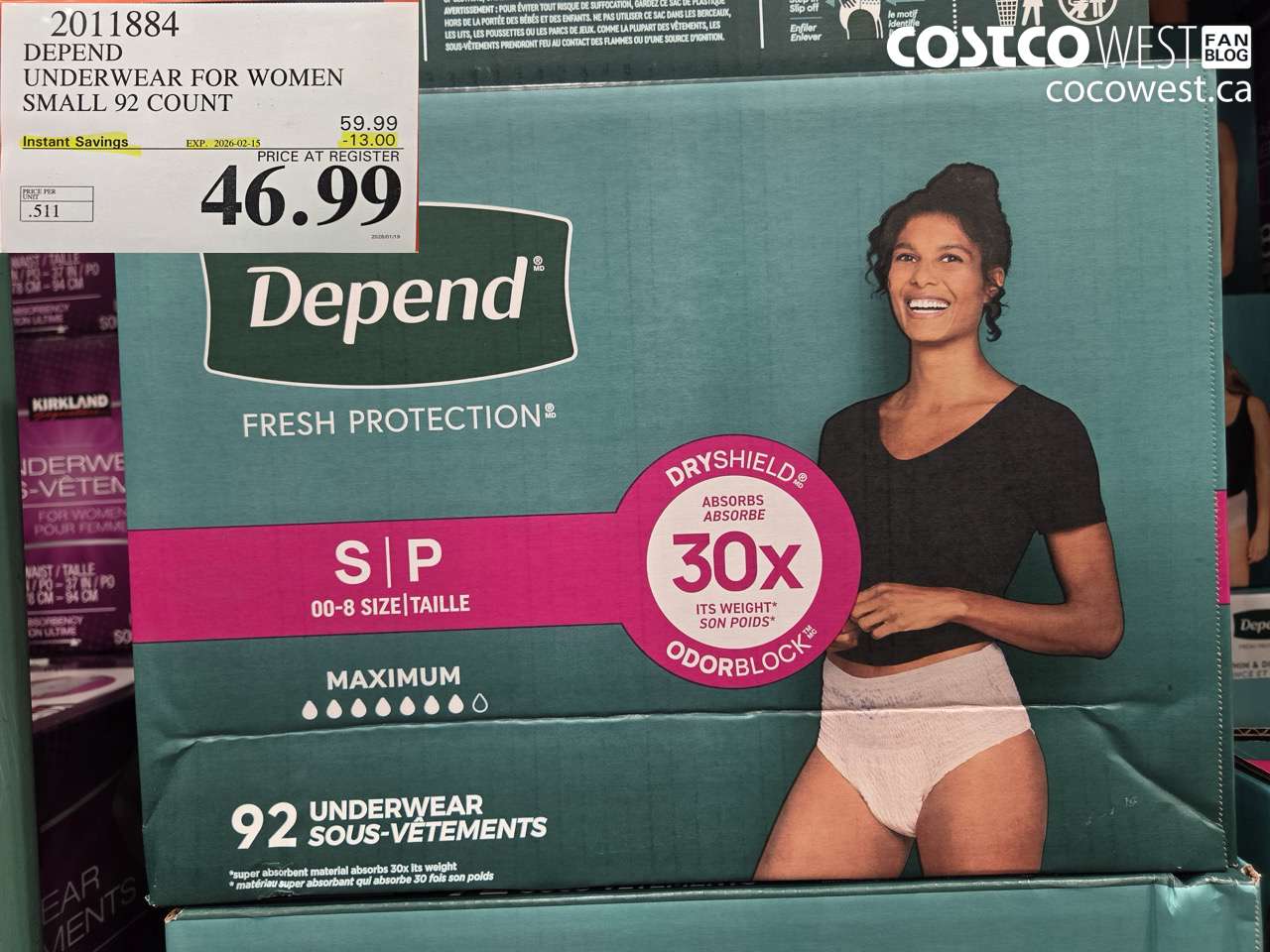 2011884 DEPEND UNDERWEAR FOR WOMEN SMALL 92 COUNT ($13.00 INSTANT SAVINGS EXPIRES ON 2026-02-15) $46.99