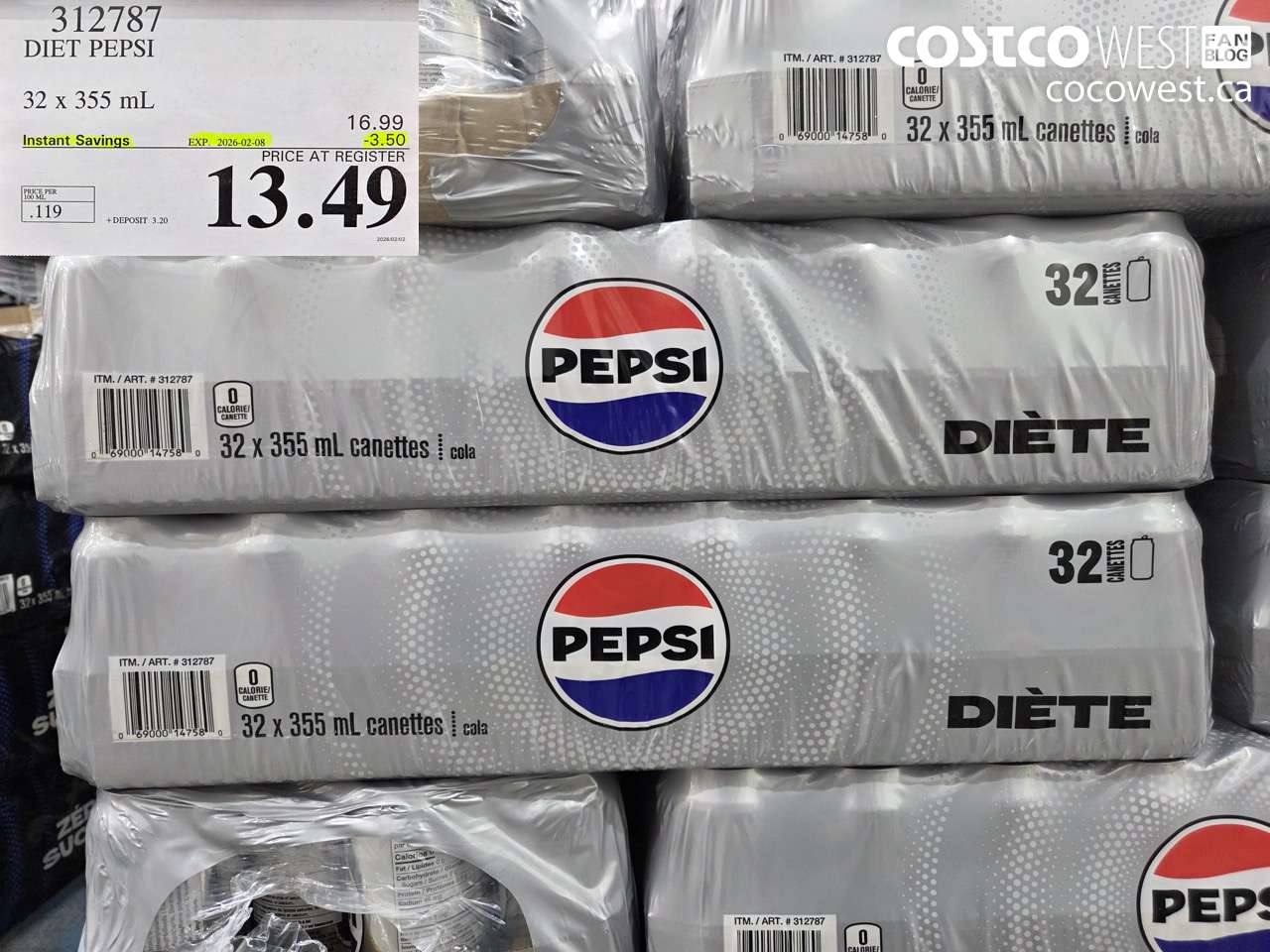 312787 DIET PEPSI 32 x 355 mL ($3.50 INSTANT SAVINGS EXPIRES ON 2026-02-08) $13.49