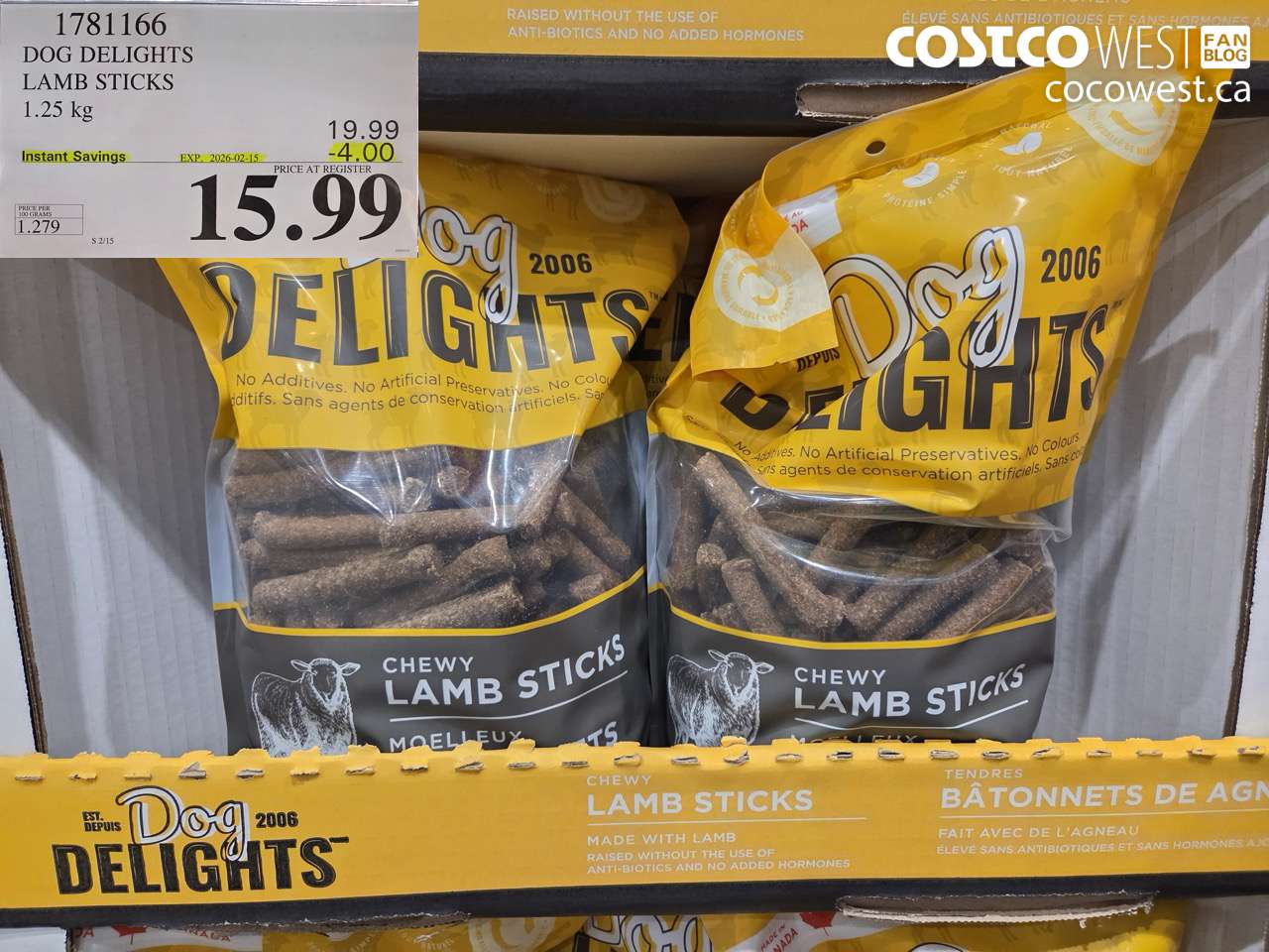 1781166 DOG DELIGHTS LAMB STICKS 1.25 kg ($4.00 INSTANT SAVINGS EXPIRES ON 2026-02-15) $15.99