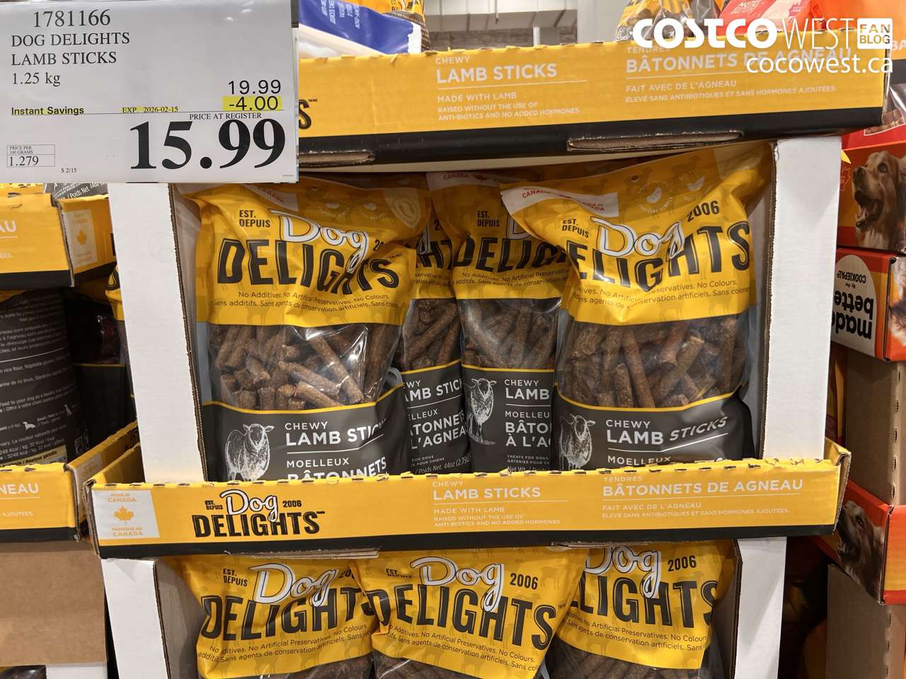 1781166 DOG DELIGHTS LAMB STICKS 1.25 kg ($4.00 INSTANT SAVINGS EXPIRES ON 2026-02-15) $15.99