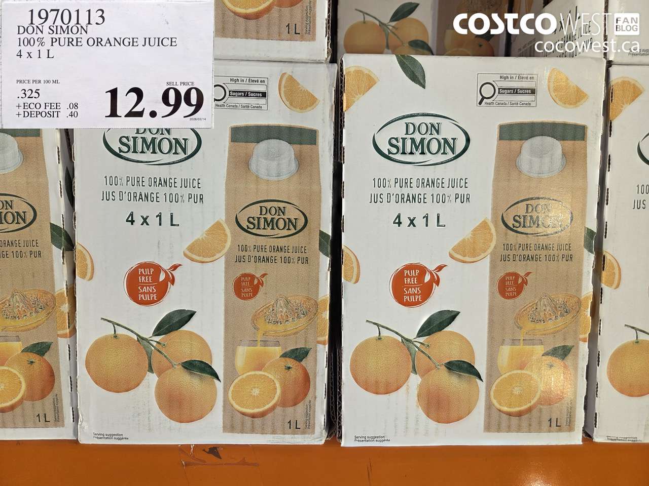 1970113 DON SIMON 100% PURE ORANGE JUICE 4 x 1 L $12.99