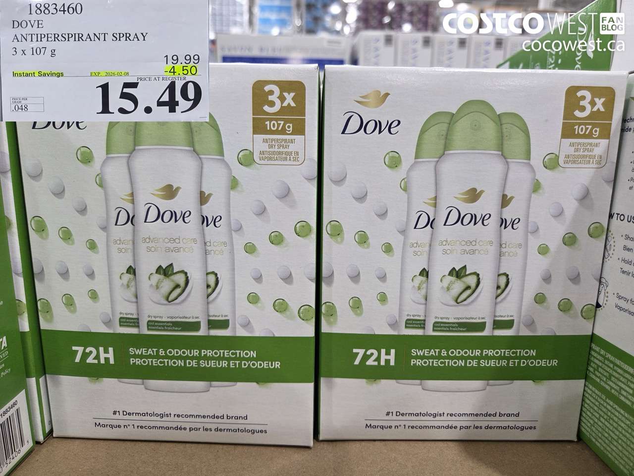 1883460 DOVE ANTIPERSPIRANT SPRAY 3 X 107G ($4.50 INSTANT SAVINGS EXPIRES ON 2026-02-08) $15.49