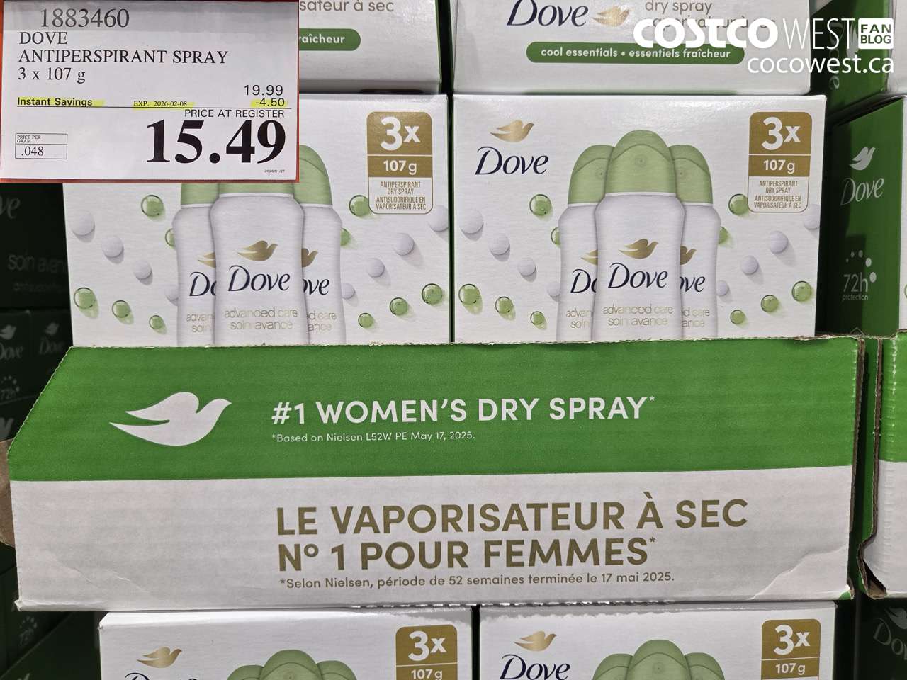 1883460 DOVE ANTIPERSPIRANT SPRAY 3 x 107 g ($4.50 INSTANT SAVINGS EXPIRES ON 2026-02-08) $15.49