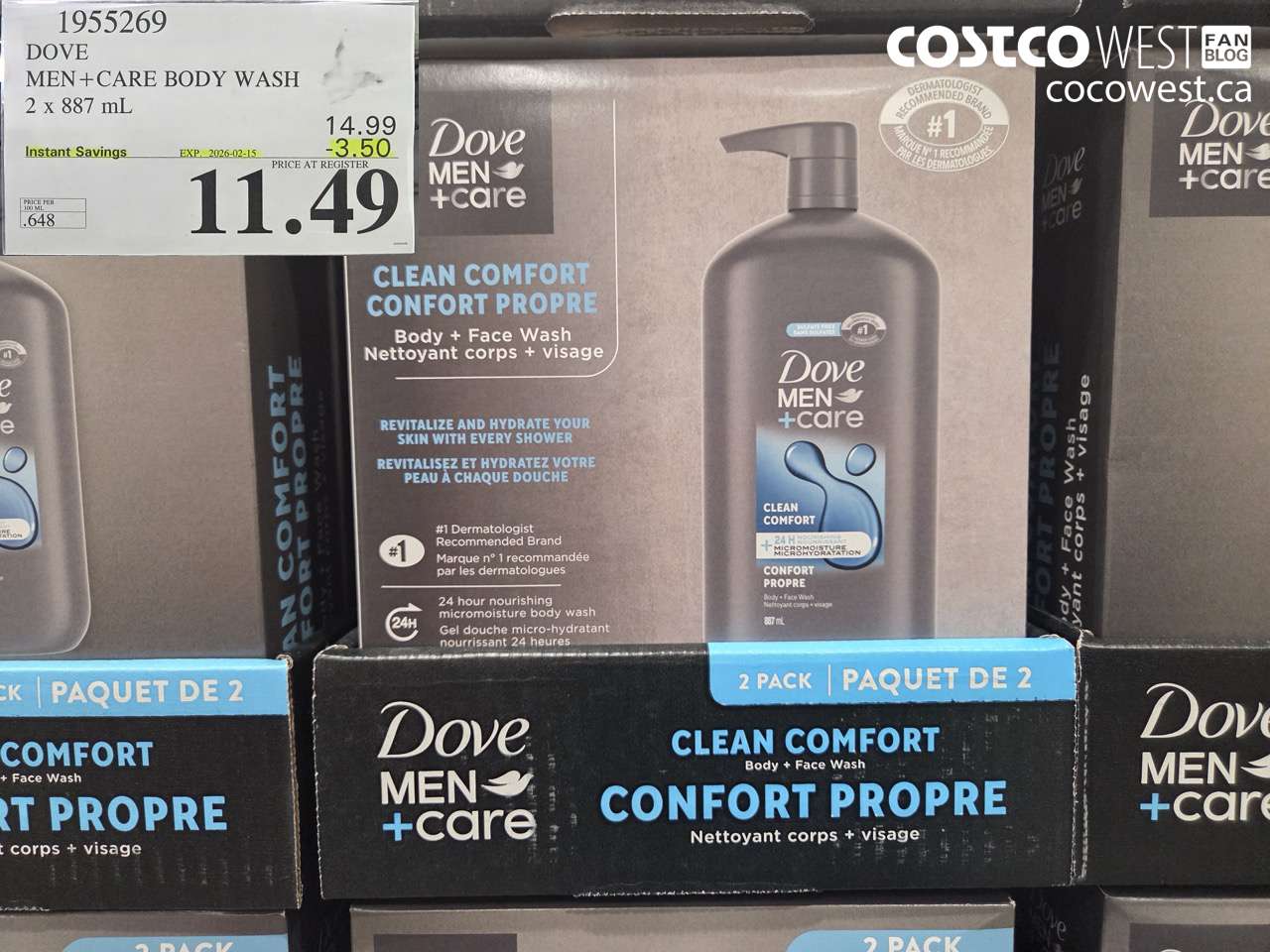 1955269 DOVE MEN + CARE BODY WASH 2 x 887 mL ($3.50 INSTANT SAVINGS EXPIRES ON 2026-02-15) $11.49