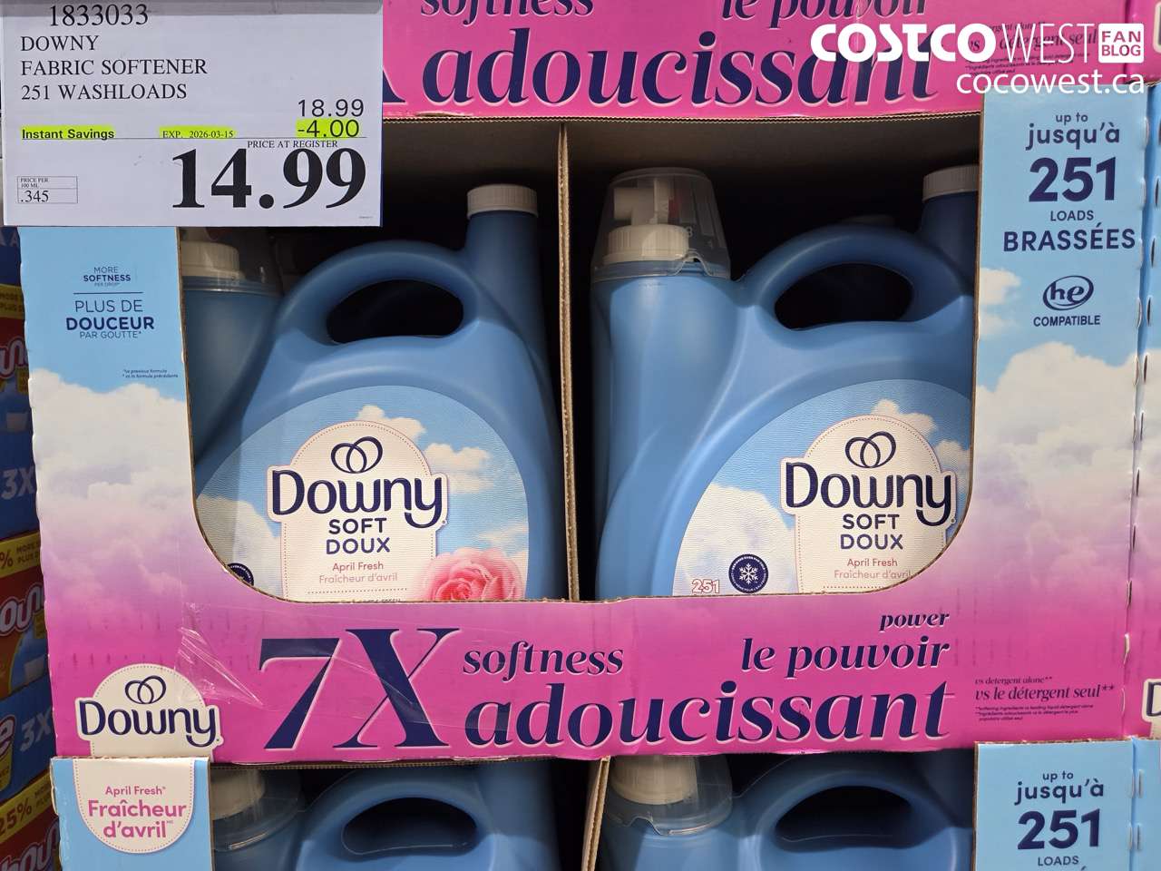 1833033 DOWNY FABRIC SOFTENER 251 WASHLOADS ($4.00 INSTANT SAVINGS EXPIRES ON 2026-03-15) $14.99