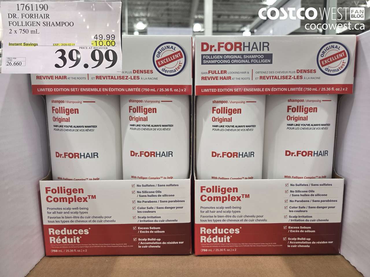 1761190 DR. FORHAIR FOLLIGEN SHAMPOO 2 x 750 mL ($10.00 INSTANT SAVINGS EXPIRES ON 2026-02-15) $39.99