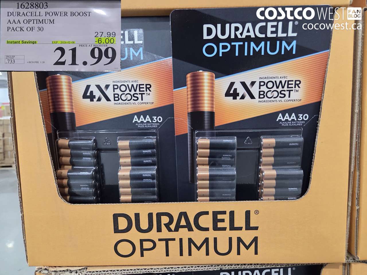 1628803 DURACELL POWER BOOST AAA OPTIMUM PACK OF 30 ($6.00 INSTANT SAVINGS EXPIRES ON 2026-02-08) $21.99