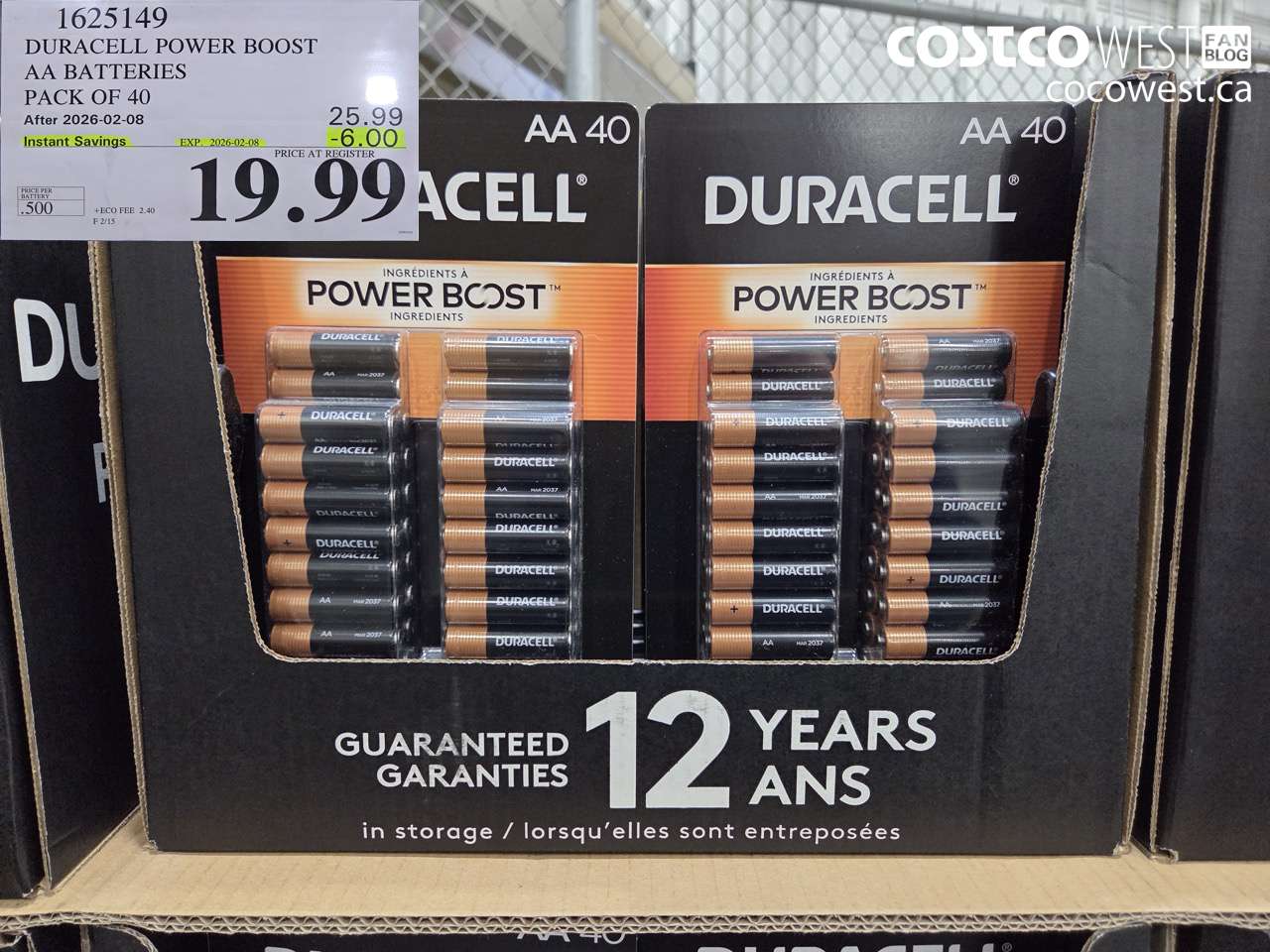 1625149 DURACELL POWER BOOST AA BATTERIES PACK OF 40 ($6.00 INSTANT SAVINGS EXPIRES ON 2026-02-08) $19.99