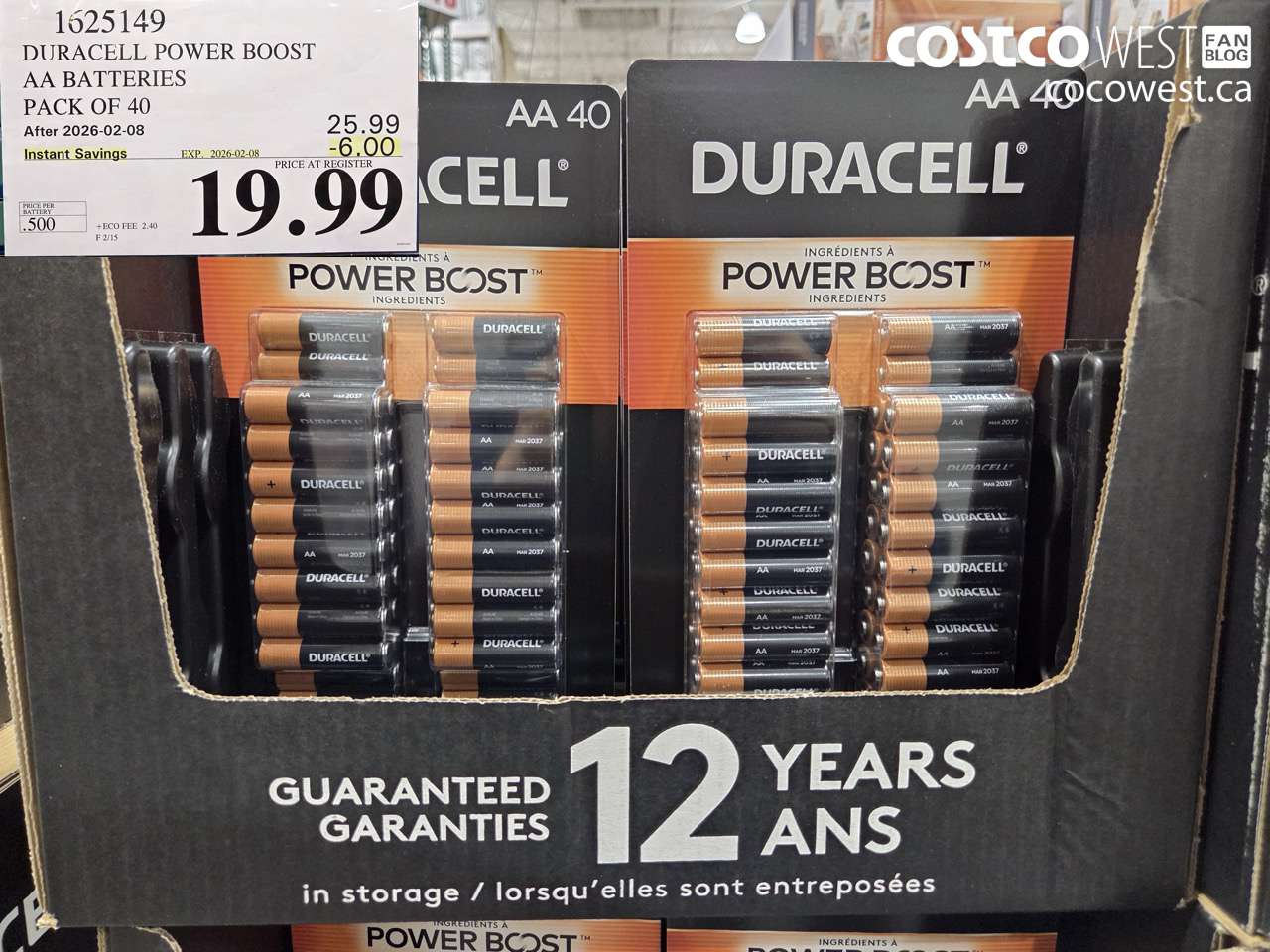 1625149 DURACELL POWER BOOST AA BATTERIES PACK OF 40 ($6.00 INSTANT SAVINGS EXPIRES ON 2026-02-08) $19.99