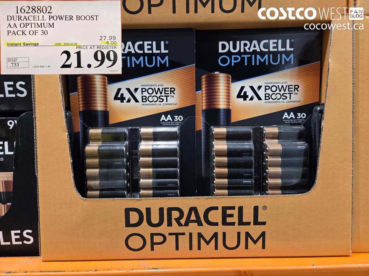 1628802 DURACELL POWER BOOST AA OPTIMUM PACK OF 30 ($6.00 INSTANT SAVINGS EXPIRES ON 2026-02-08) $21.99