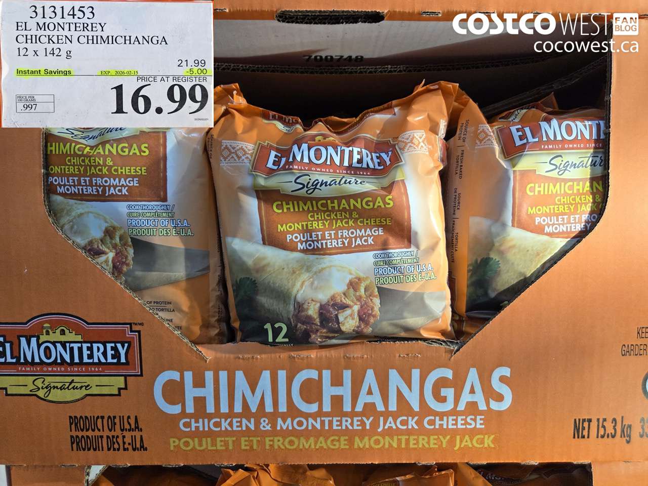 3131453 EL MONTEREY CHICKEN CHIMICHANGA 12 X 142G ($5.00 INSTANT SAVINGS EXPIRES ON 2026-02-15) $16.99