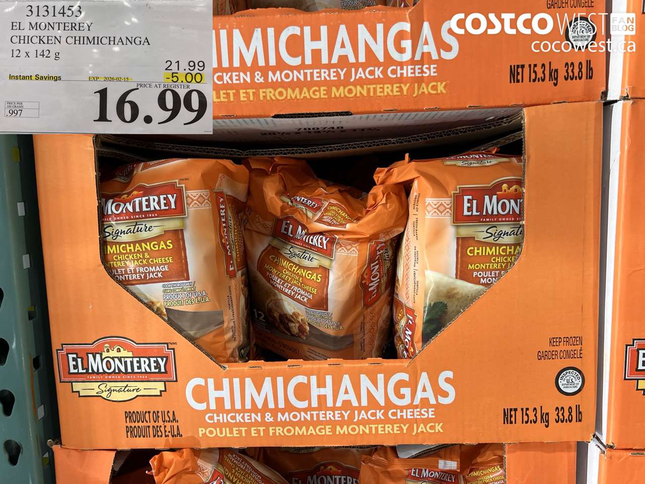 3131453 EL MONTEREY CHICKEN CHIMICHANGA 12 x 142 g ($5.00 INSTANT SAVINGS EXPIRES ON 2026-02-15) $16.99