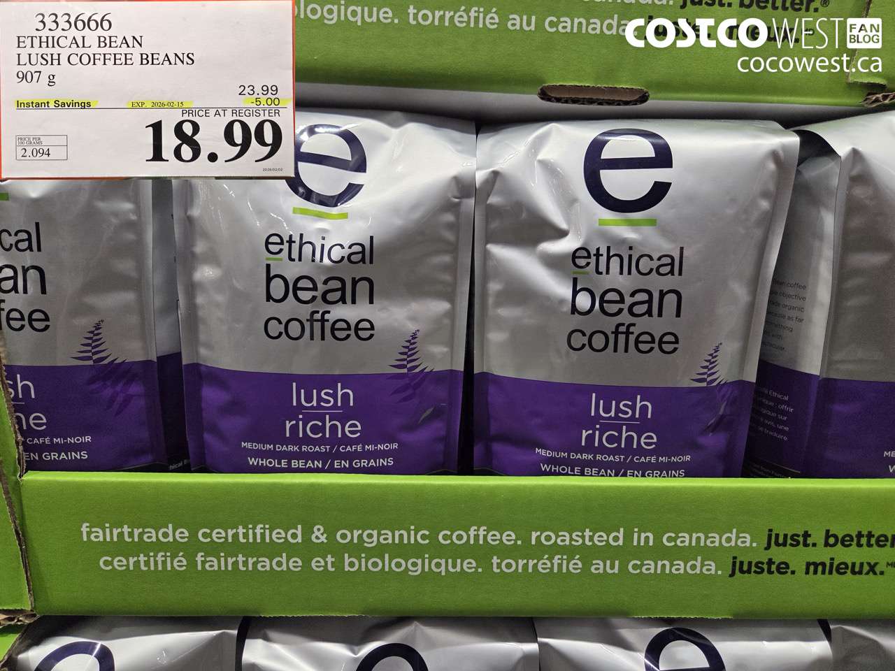 333666 ETHICAL BEAN LUSH COFFEE BEANS 907 g ($5.00 INSTANT SAVINGS EXPIRES ON 2026-02-15) $18.99