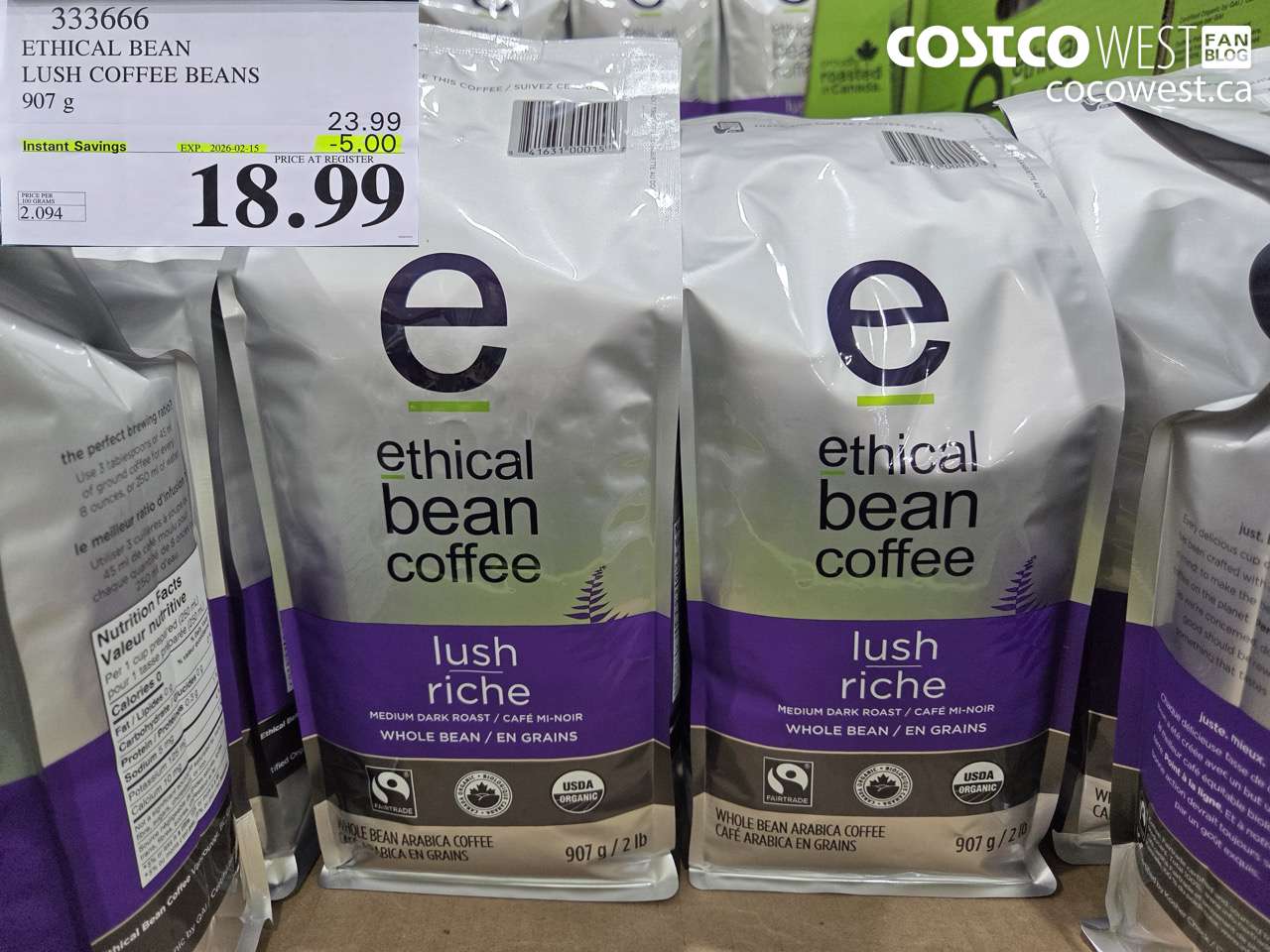 333666 ETHICAL BEAN ORGANIC LUSH COFFEE BEANS 908 g ($5.00 INSTANT SAVINGS EXPIRES ON 2026-02-15) $18.99