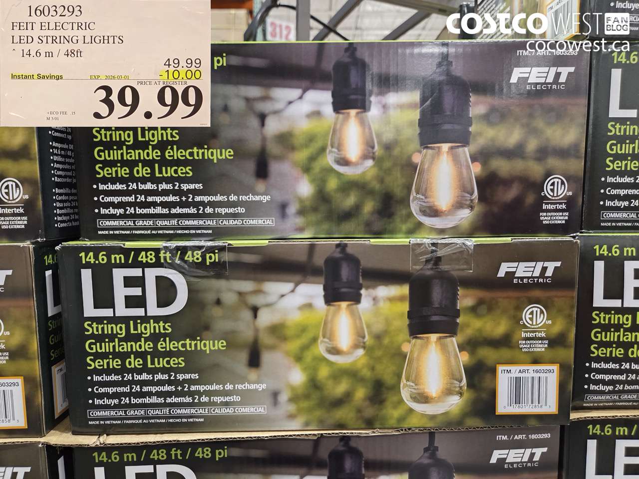 1603293 FEIT ELECTRIC LED STRING LIGHTS 14.6M/48FT ($10.00 INSTANT SAVINGS EXPIRES ON 2026-03-01) $39.99