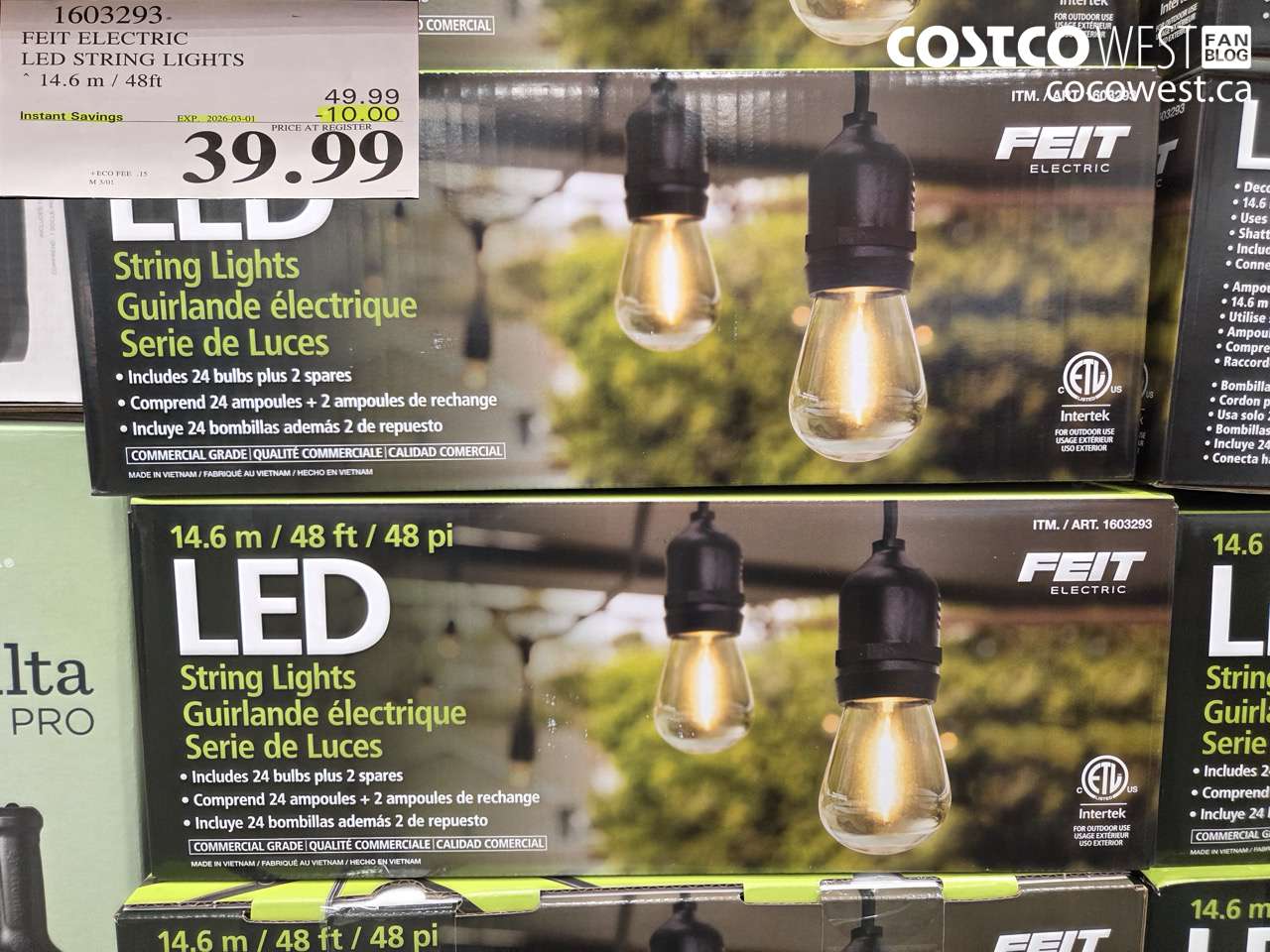 1603293 FEIT ELECTRIC LED STRING LIGHTS 14.6 M / 48FT ($10.00 INSTANT SAVINGS EXPIRES ON 2026-03-01) $39.99