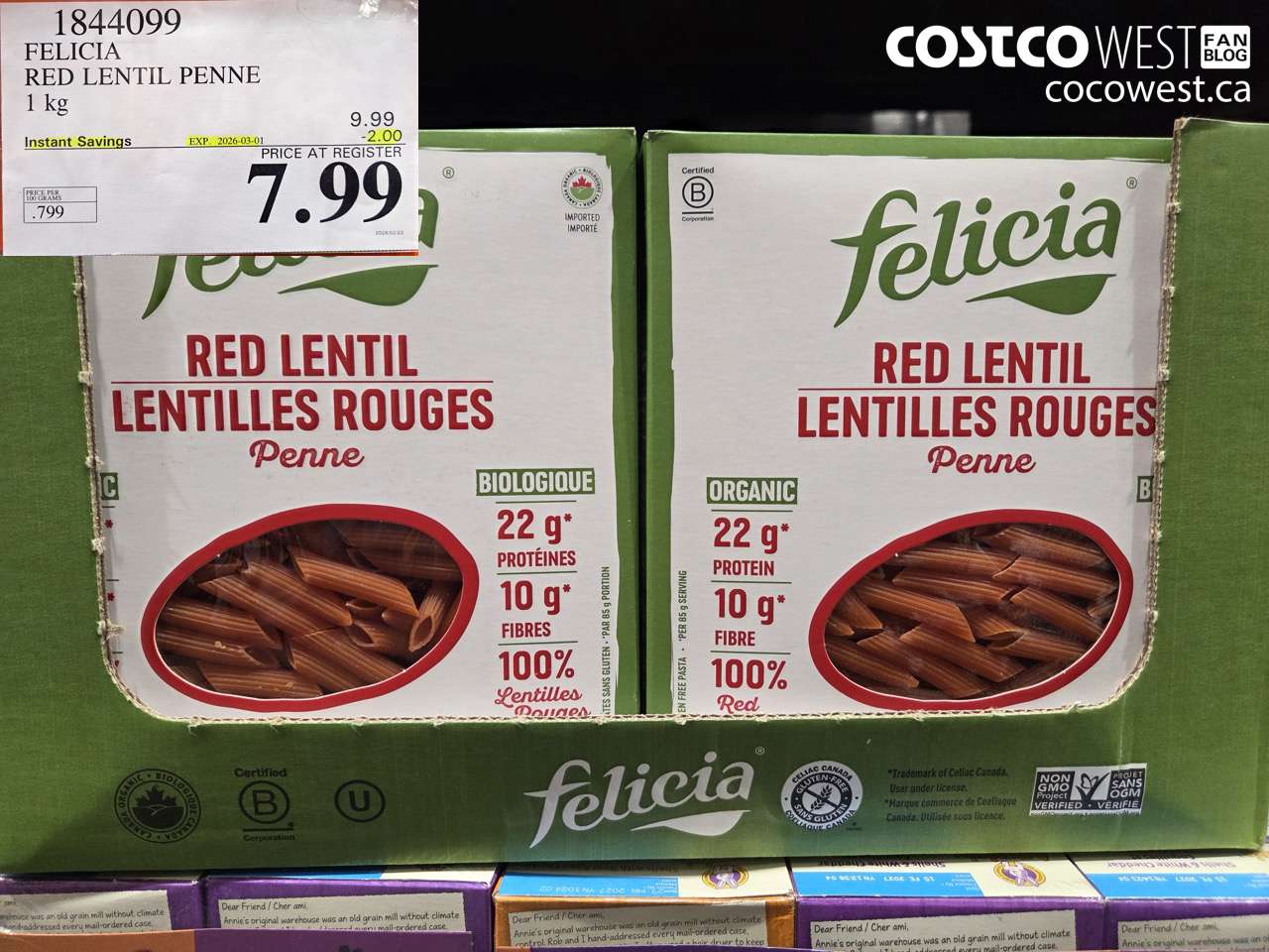 1844099 FELICIA RED LENTIL PENNE 1 KG ($2.00 INSTANT SAVINGS EXPIRES ON 2026-03-01) $7.99